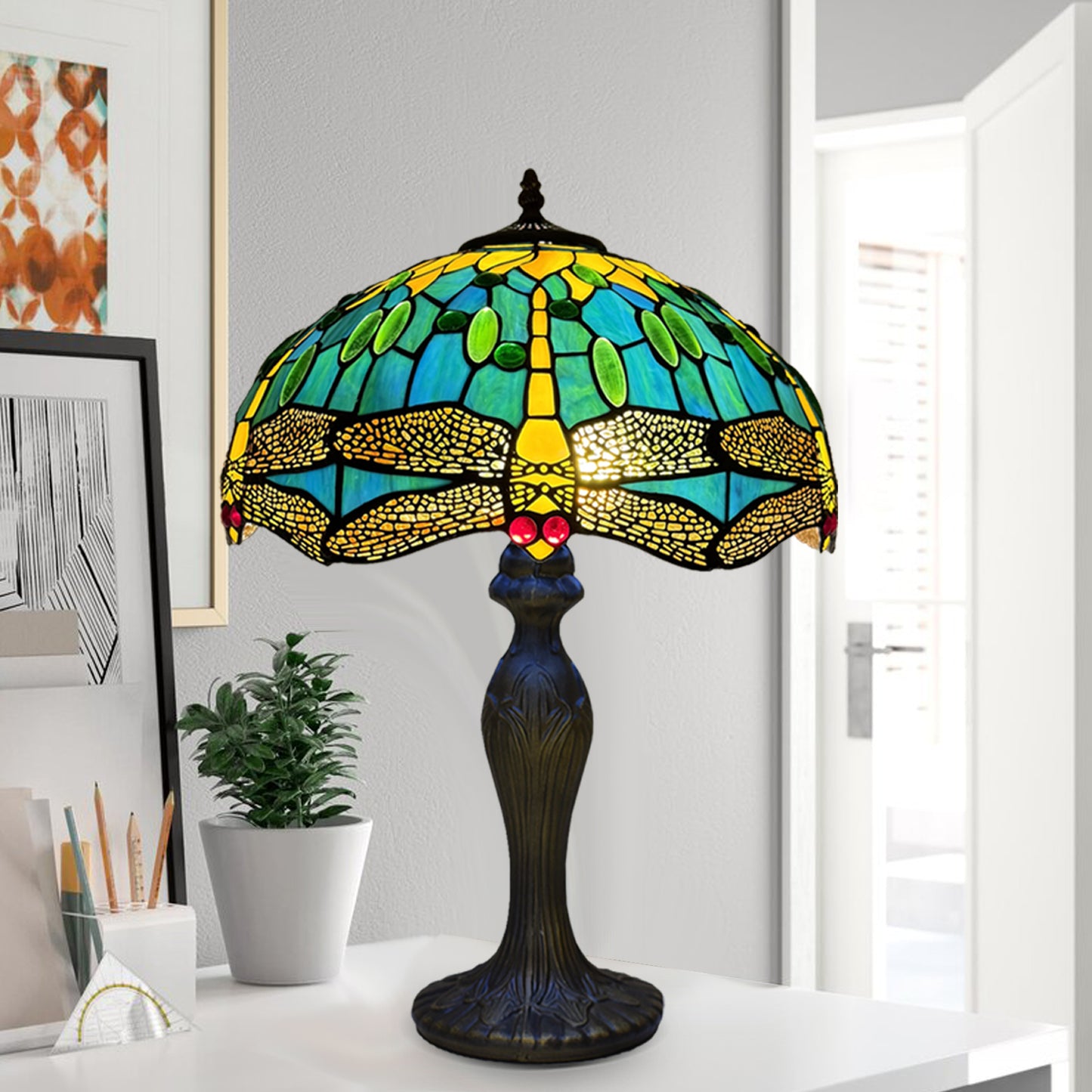 Tiffany Table Lamp Handcrafted 16 inch Stained Glass Lamp Shades Antique Design Stunning Quality Desk Lamp for Living Room Bedroom Bedside Lamps Coffee Table