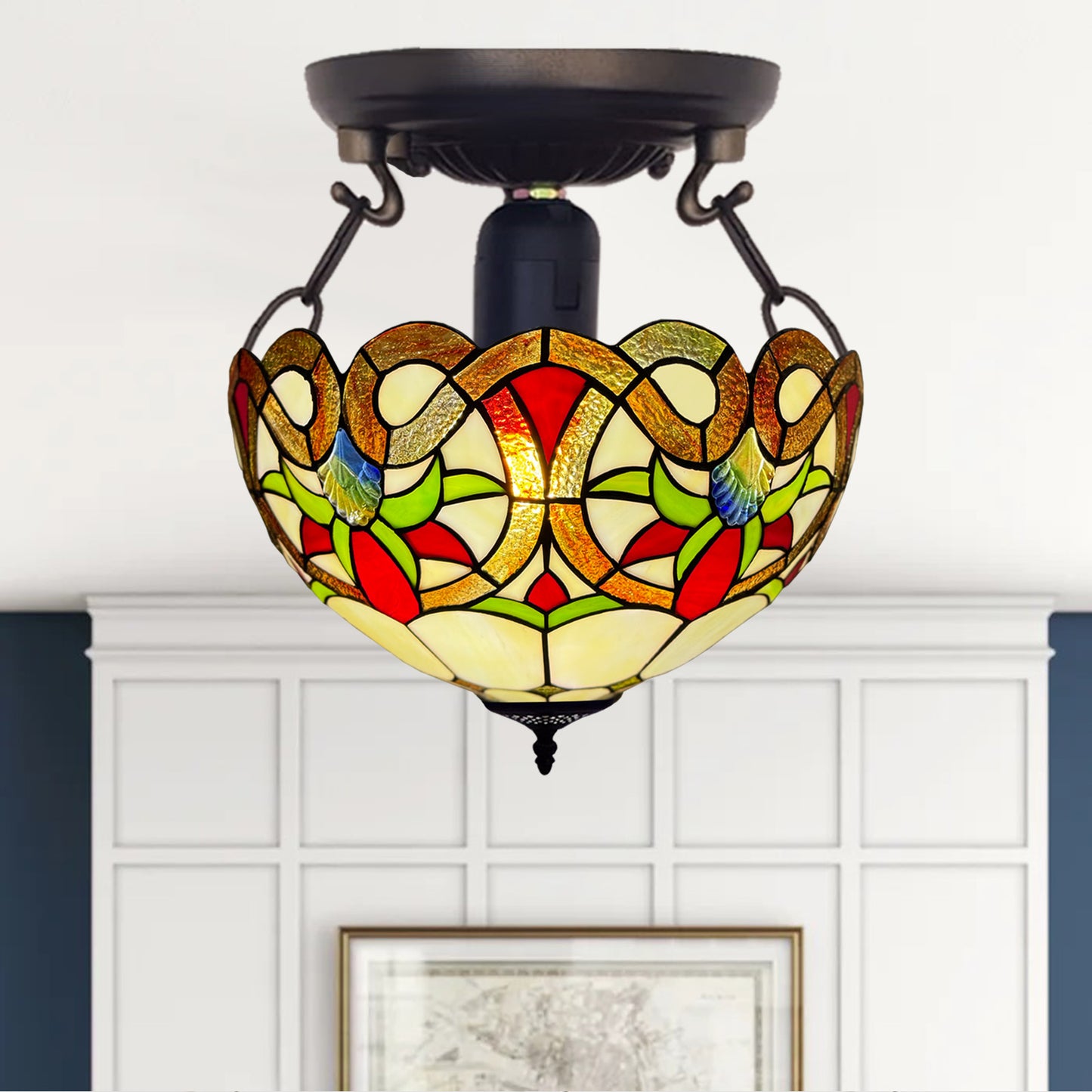 Auroh Tiffany Ceiling Light 16 Inch – C-1650 Amber Victorian Floral Scroll Handcrafted Stained Glass, UK