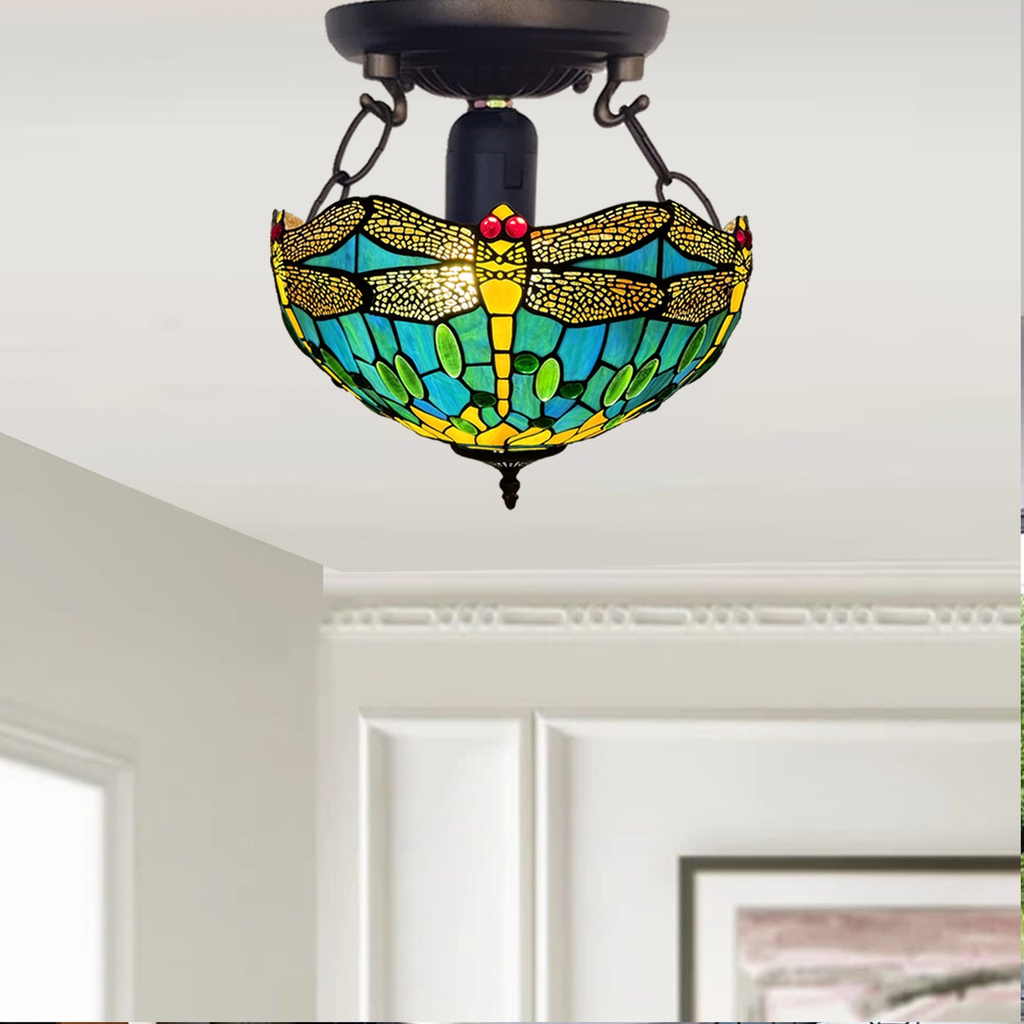 Tiffany Ceiling Lamps 16 inch Stained Glass Handcrafted Lamp Shades Antique Design Stunning Quality Ceiling Lamp for Living Room Bedroom Lounge