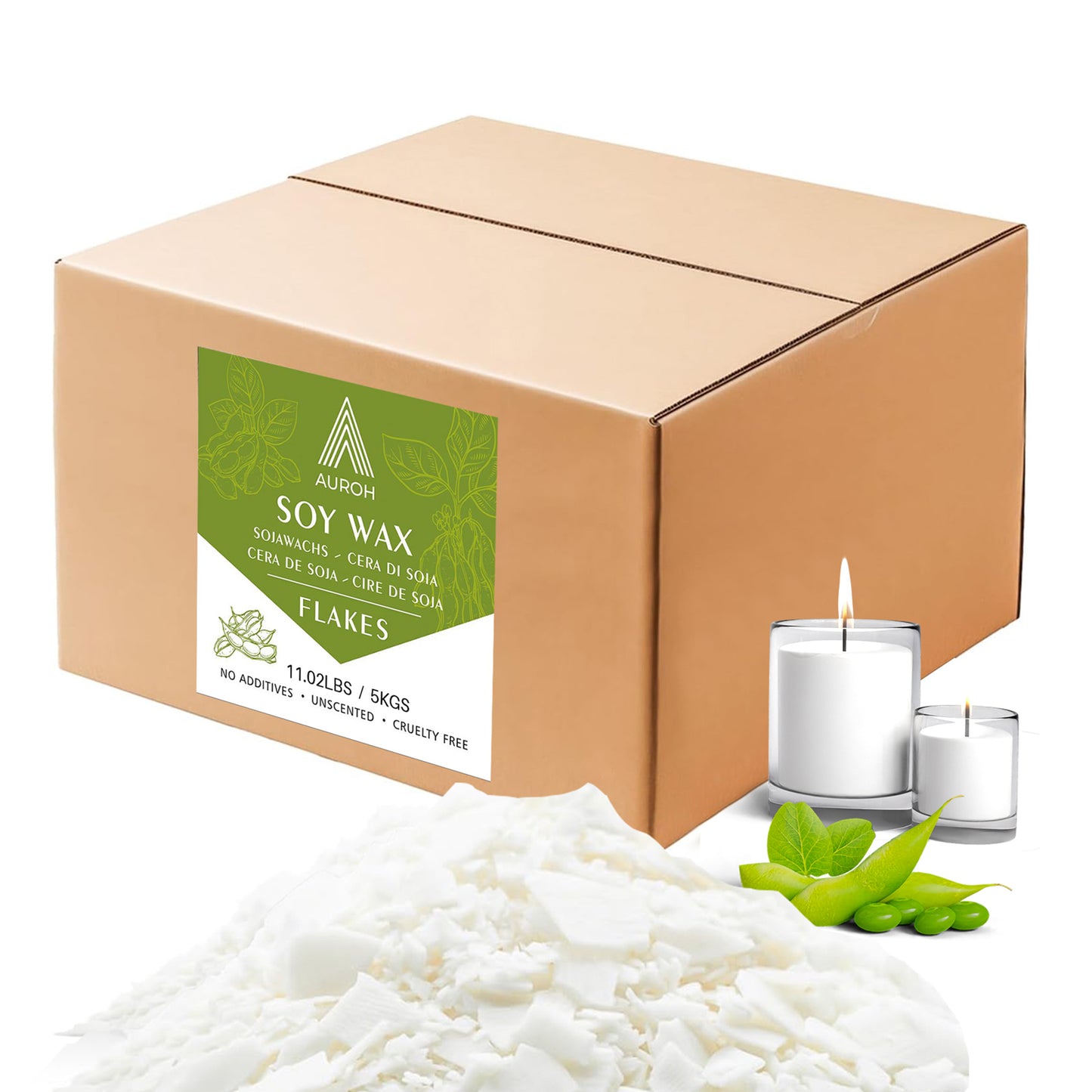 Auroh Natural Soy Wax Flakes for Candle Making – 1KG to 15KG, 100% Pure Soya, Clean Burning, No Additives, Biodegradable, UK