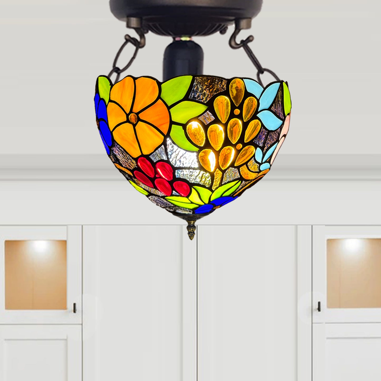 Auroh Tiffany Ceiling Light 10 Inch – C-1009 Vibrant Multicolour Garden Floral Handcrafted Stained Glass, Bedroom or Lounge, UK