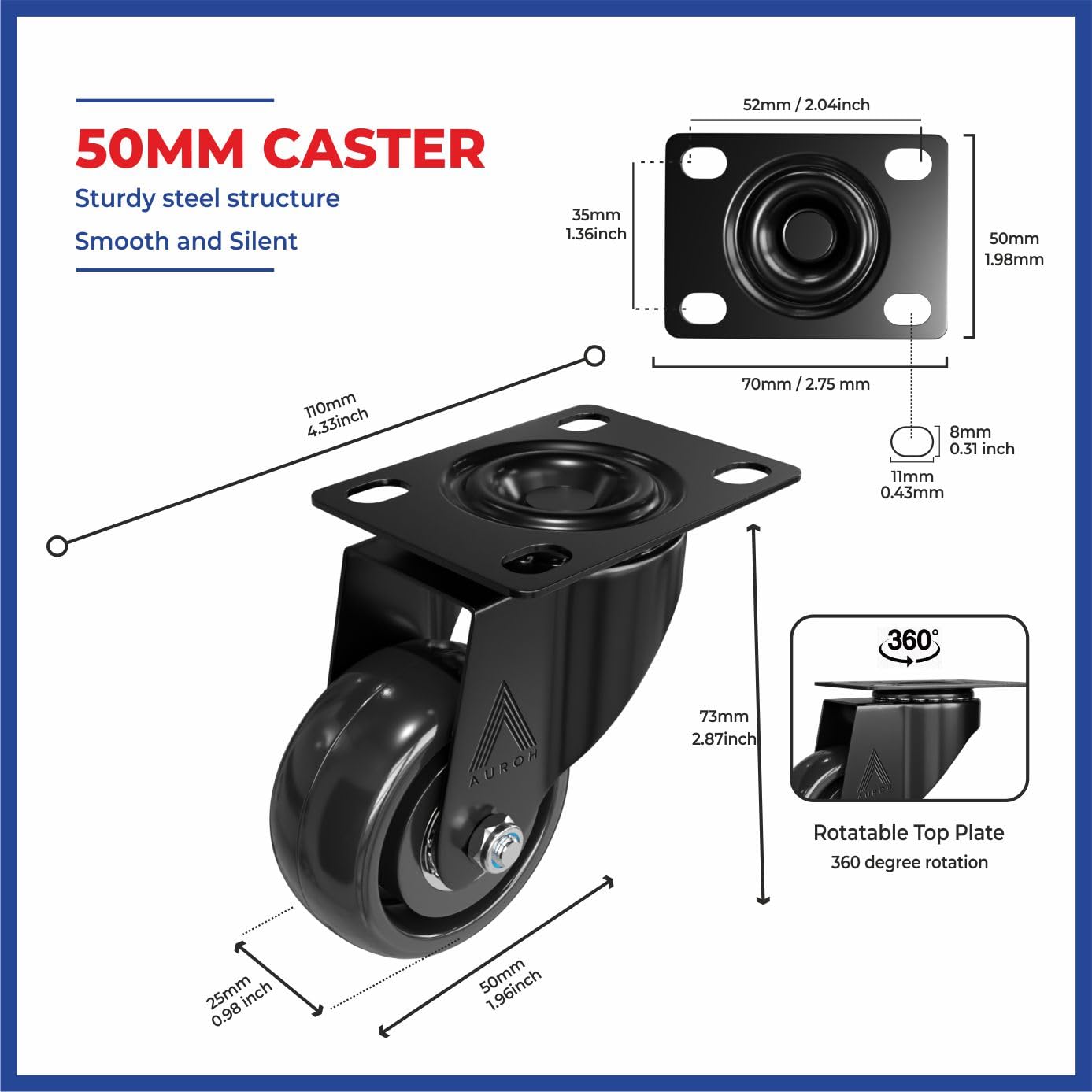 Black Castor Wheels Rubber Swivel Castors 50mm for Furniture (Pack of 4 (2 with Brakes & 2 without Brakes))