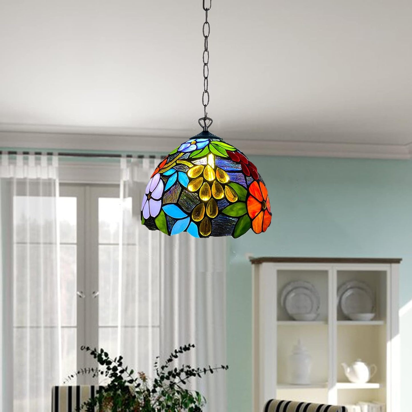 Tiffany Pendant Lamps Handcrafted Stained Glass Lamp Shades Stunning Quality Antique Design Pendant Light for Living Room Bedroom Lounge Hallway (P-1009)