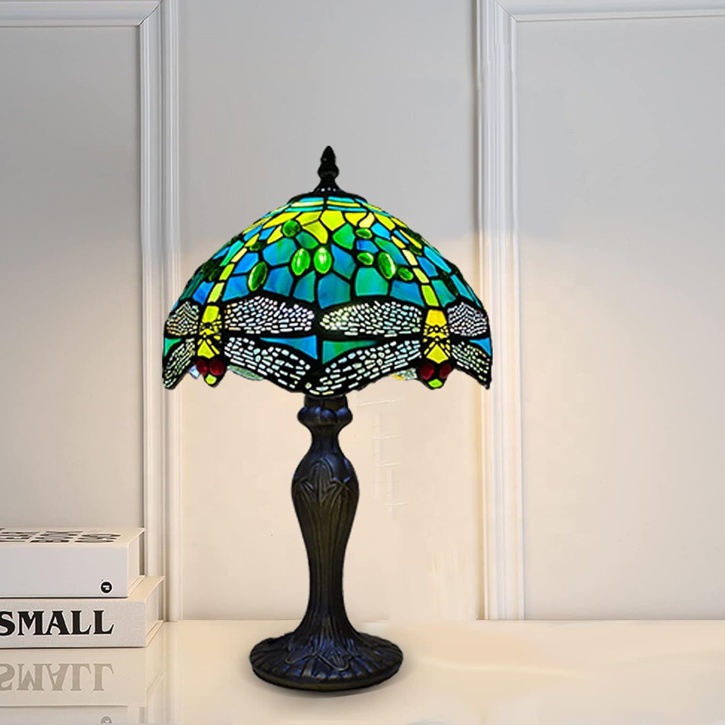 Tiffany Table Lamp Handcrafted Stained Glass Green Dragonfly Lampshade Stunning Quality Antique Design Table Lamps for Living Room Bedside Desk Bedroom Coffee Table (TFTL-1015)