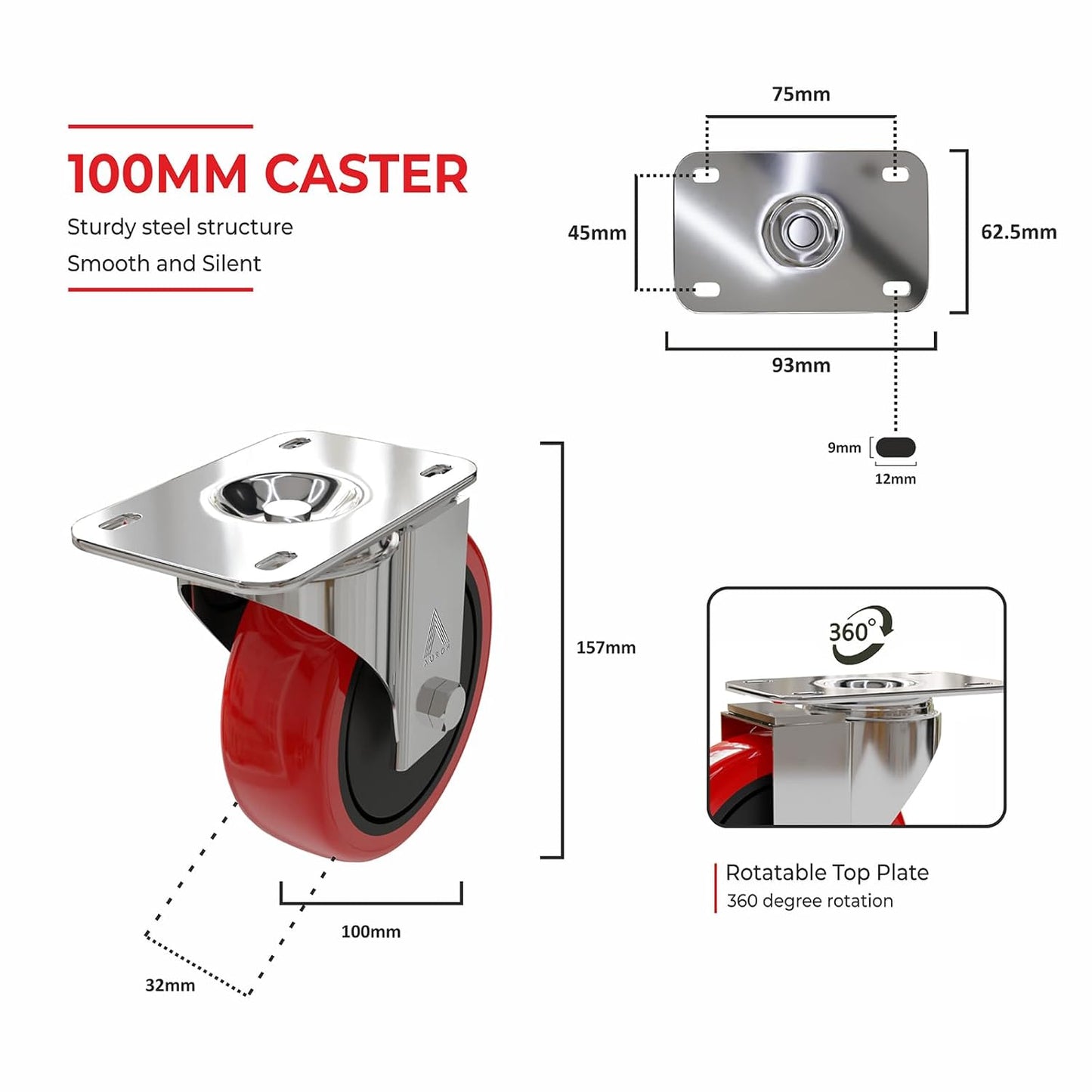 4x Castor Wheels Large 100mm - 600KG Heavy Duty Rubber Swivel Furniture Caster - Set of 4 Wheels Low Noise Castors for Furniture (Pack of 4 (2 with Brakes & 2 without Brakes))