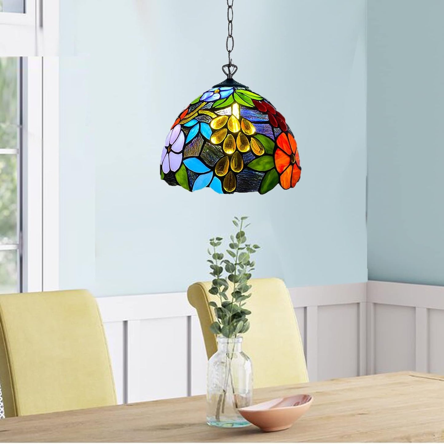 Tiffany Pendant Lamps Handcrafted Stained Glass Lamp Shades Stunning Quality Antique Design Pendant Light for Living Room Bedroom Lounge Hallway (P-1009)