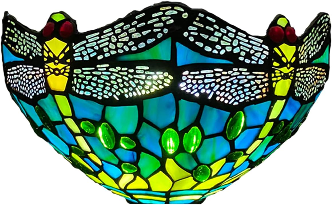 12 Inch Tiffany Style Wall Sconce Light, Green Dragonfly Design Stained Glass Wall Lamp Sconce for Room, Lounge, Corridor, Hallway (TWL-1015)