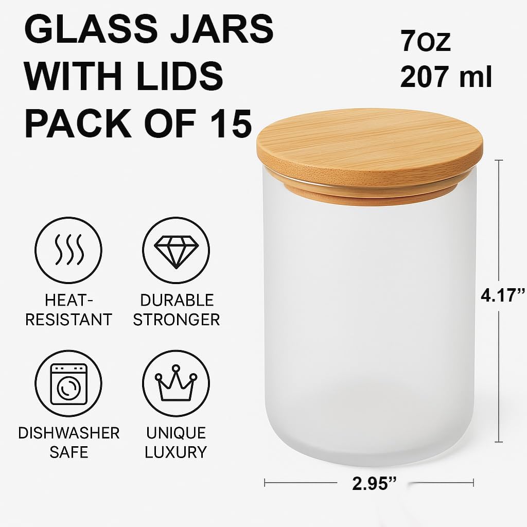 15 Pack Glass Candle Jars with Bamboo Lids - 7 OZ Frosted Candle Containers for Candle making - Ideal candle making supplies for professionals as well as hobbyists
