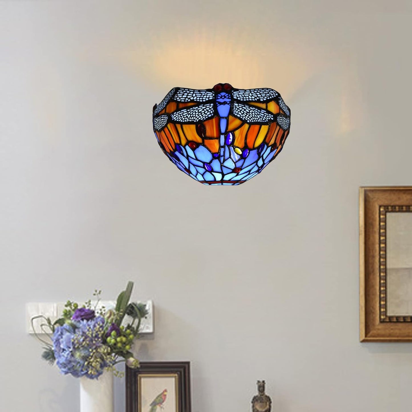 Tiffany Style Wall Lamp, 12 Inch Wall Sconce Light Blue Dragonfly Design Stained Glass Sconce for Room, Lounge, Corridor, Hallway (TWL-1002)