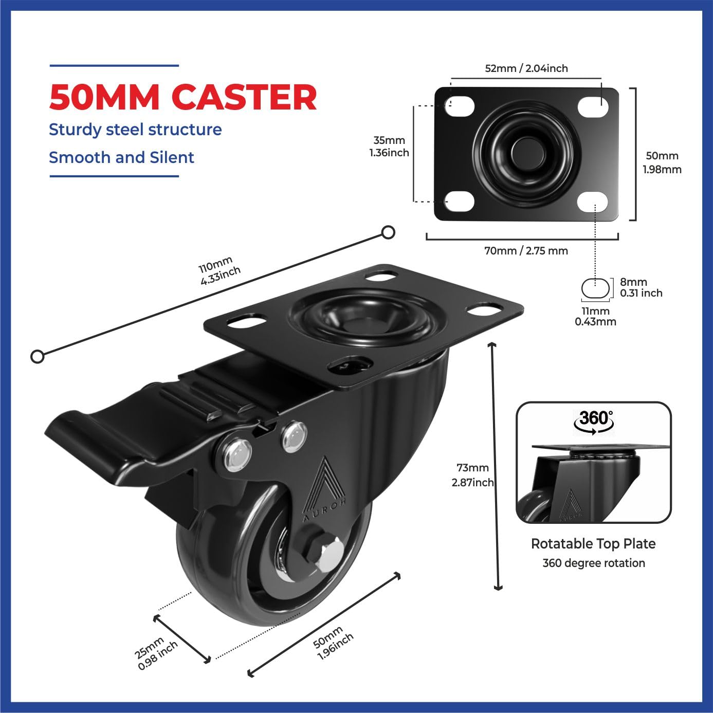 Black Castor Wheels Rubber Swivel Castors 50mm for Furniture (Pack of 4 (2 with Brakes & 2 without Brakes))