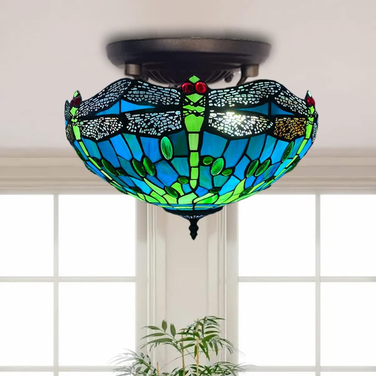 Tiffany Ceiling Lamps 16 inch Stained Glass Handcrafted Lamp Shades Antique Design Stunning Quality Ceiling Lamp for Living Room Bedroom Lounge (C-1615)