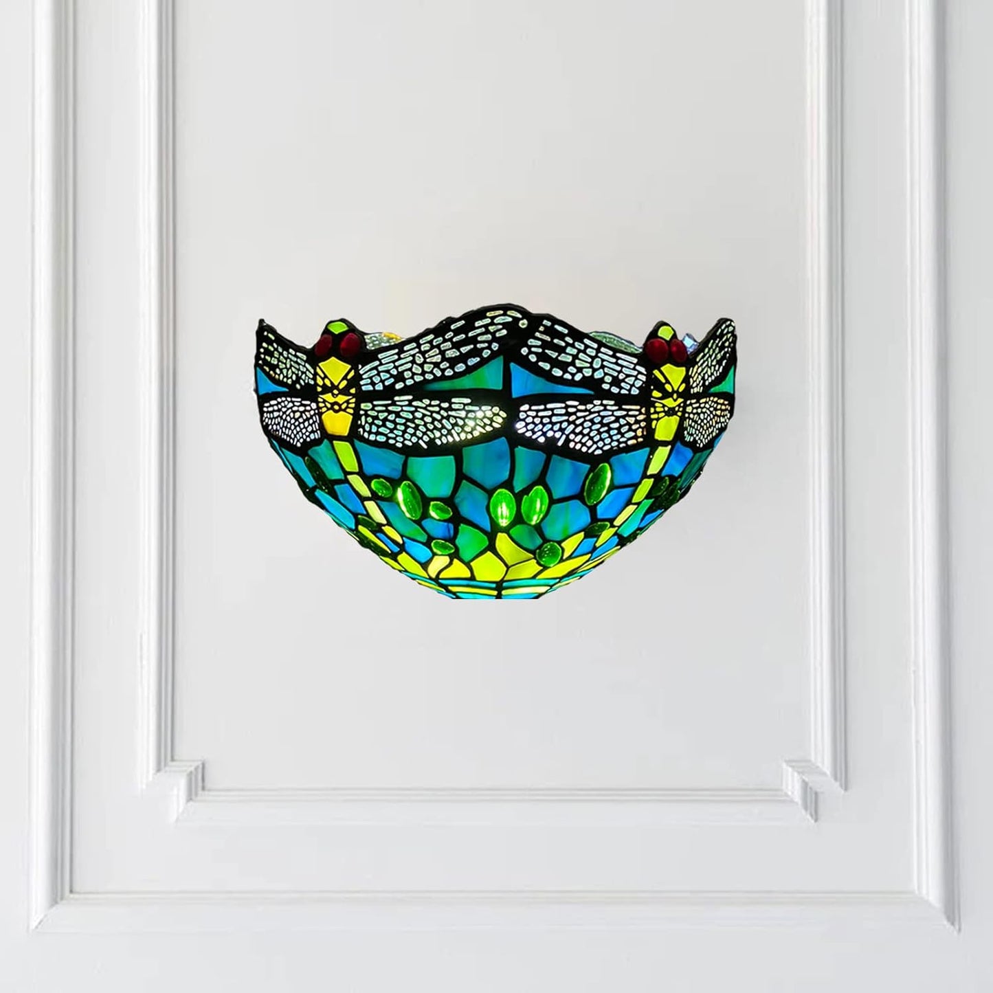 12 Inch Tiffany Style Wall Sconce Light, Green Dragonfly Design Stained Glass Wall Lamp Sconce for Room, Lounge, Corridor, Hallway (TWL-1015)