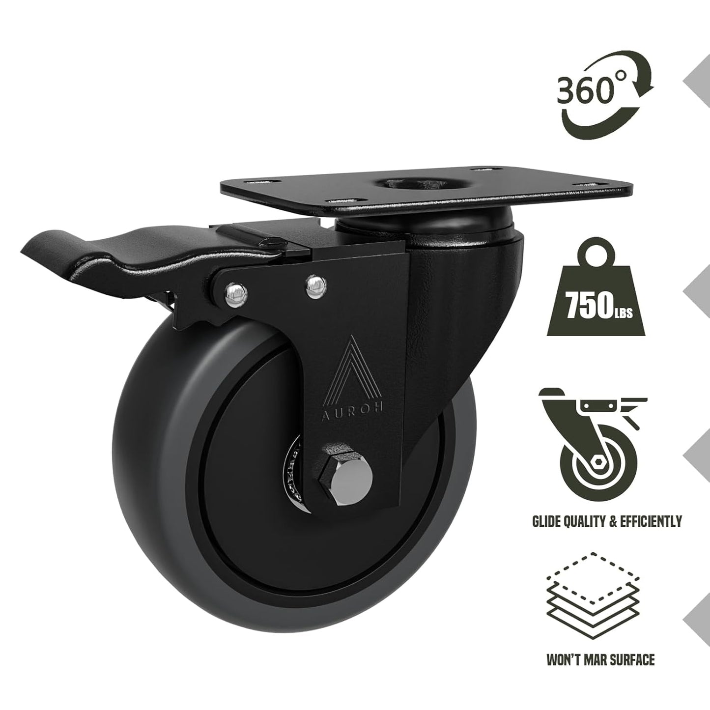 4x Heavy Duty Castor Wheels, Swivel Furniture Caster - 100mm up to 600KG - Pack of 4 (2 with Brakes) No Floor Marks Silent Caster for Furniture - Rubbered Trolley Wheels - Grey Castors