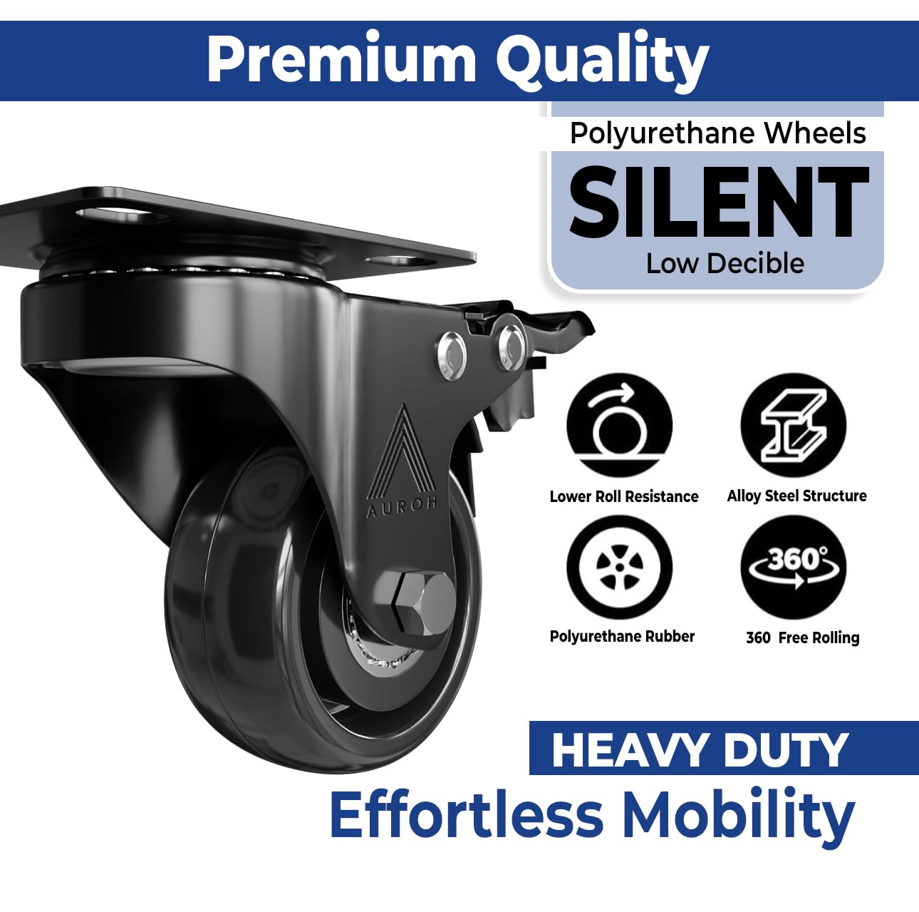 Black Castor Wheels Rubber Swivel Castors 50mm for Furniture (Pack of 4 (2 with Brakes & 2 without Brakes))