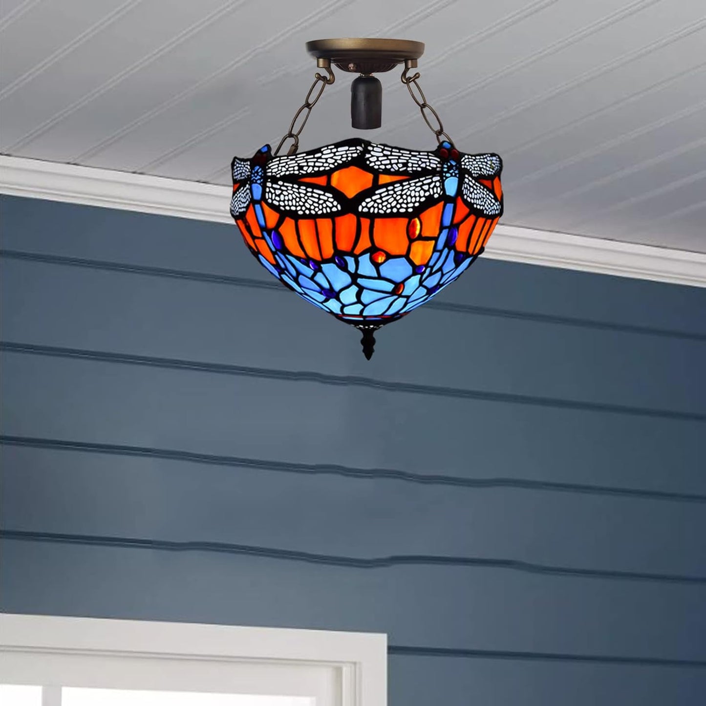 Tiffany Ceiling Lamps Handcrafted Stained Glass Lamp Shades Stunning Quality Antique Design Ceiling Light for Living Room Bedroom Lounge Hallway (C-1002)