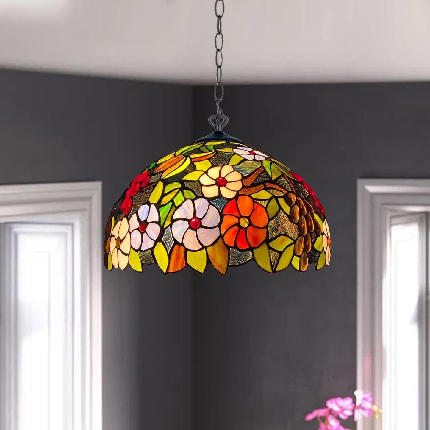 Tiffany Pendant Lamps Handcrafted Stained Glass 16 inch Lamp Shades Stunning Quality Antique Design Pendant Lamps for Living Room Bedroom Lounge Hallway (P-1609)
