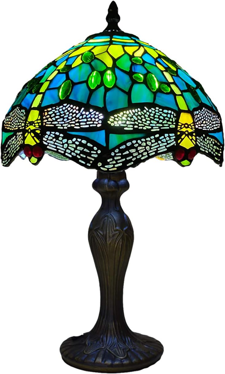 Tiffany Table Lamp Handcrafted Stained Glass Green Dragonfly Lampshade Stunning Quality Antique Design Table Lamps for Living Room Bedside Desk Bedroom Coffee Table (TFTL-1015)