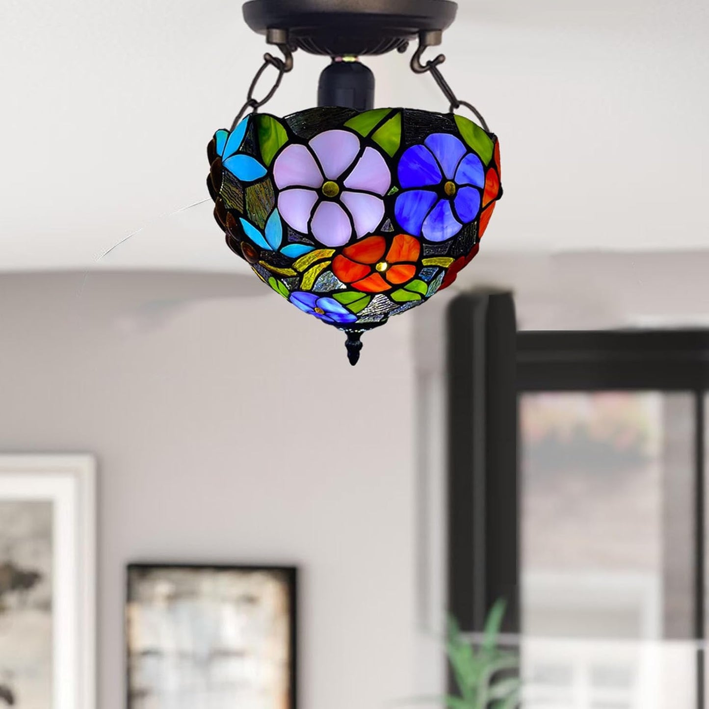Tiffany Style Ceiling Lamps Stained Glass Handcrafted Lamp Shades Antique Design Ceiling Light for Living Room Bedroom Lounge Hallway (C-1009)