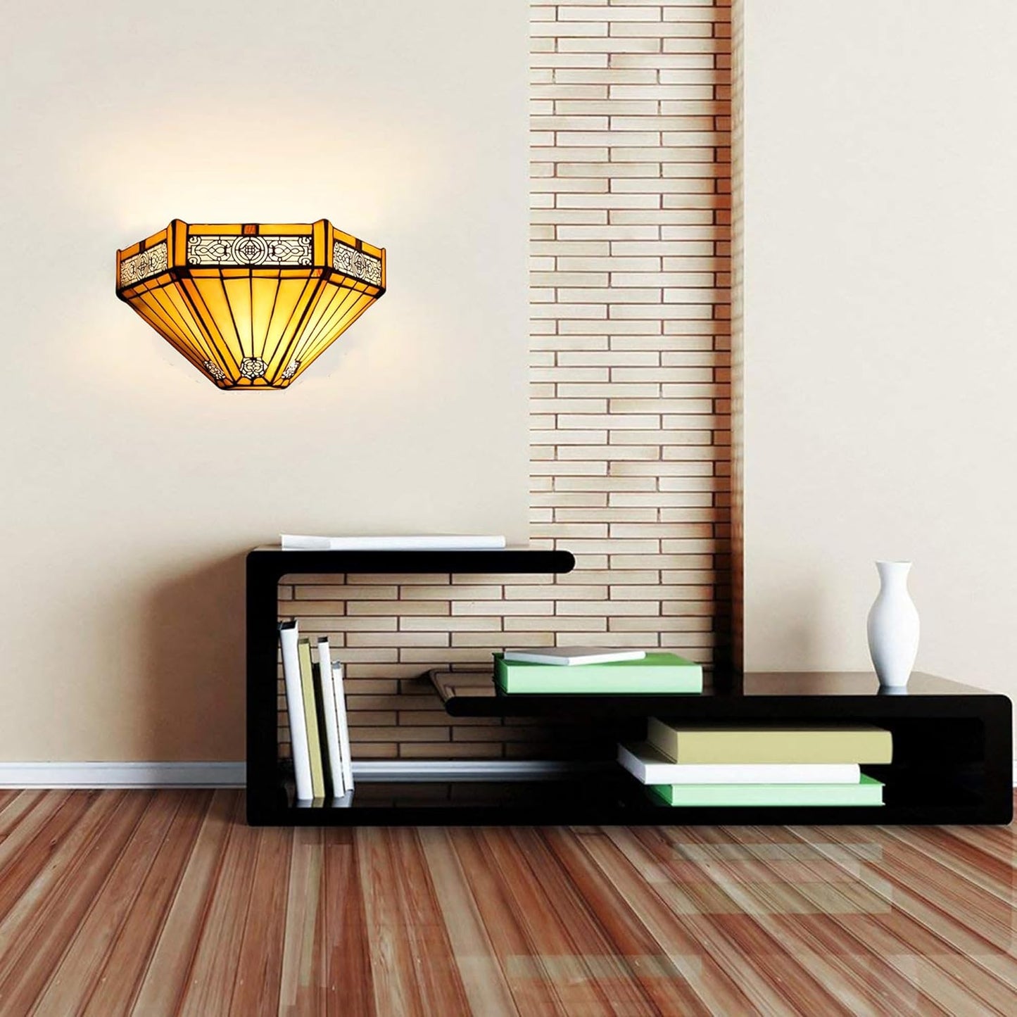 12 Inch Tiffany Style Wall Sconce Light, Yellow Hexagon Vintage Stained Glass Wall Lamp Sconce for Room, Lounge, Corridor, Hallway (TWL-1005)