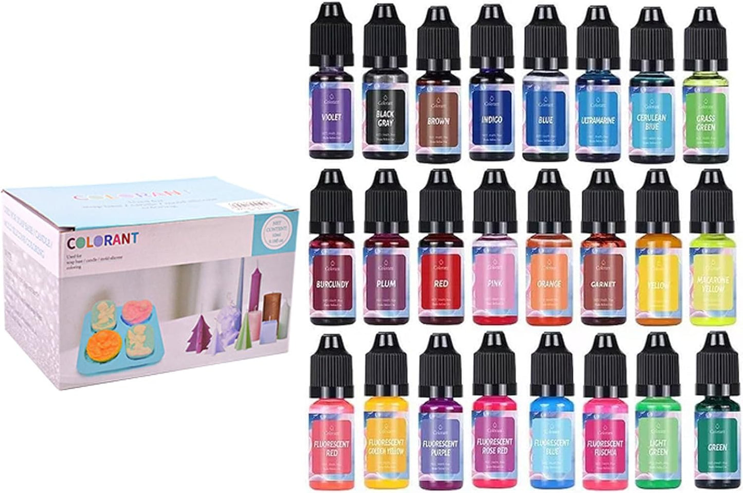 Auroh Pack of 24 Colours Candle Dye for Soy Wax - Premium 10ml Liquid Candle Colour Dye for Crafting and Home Decor - Oil-Based Candle Making Accessories