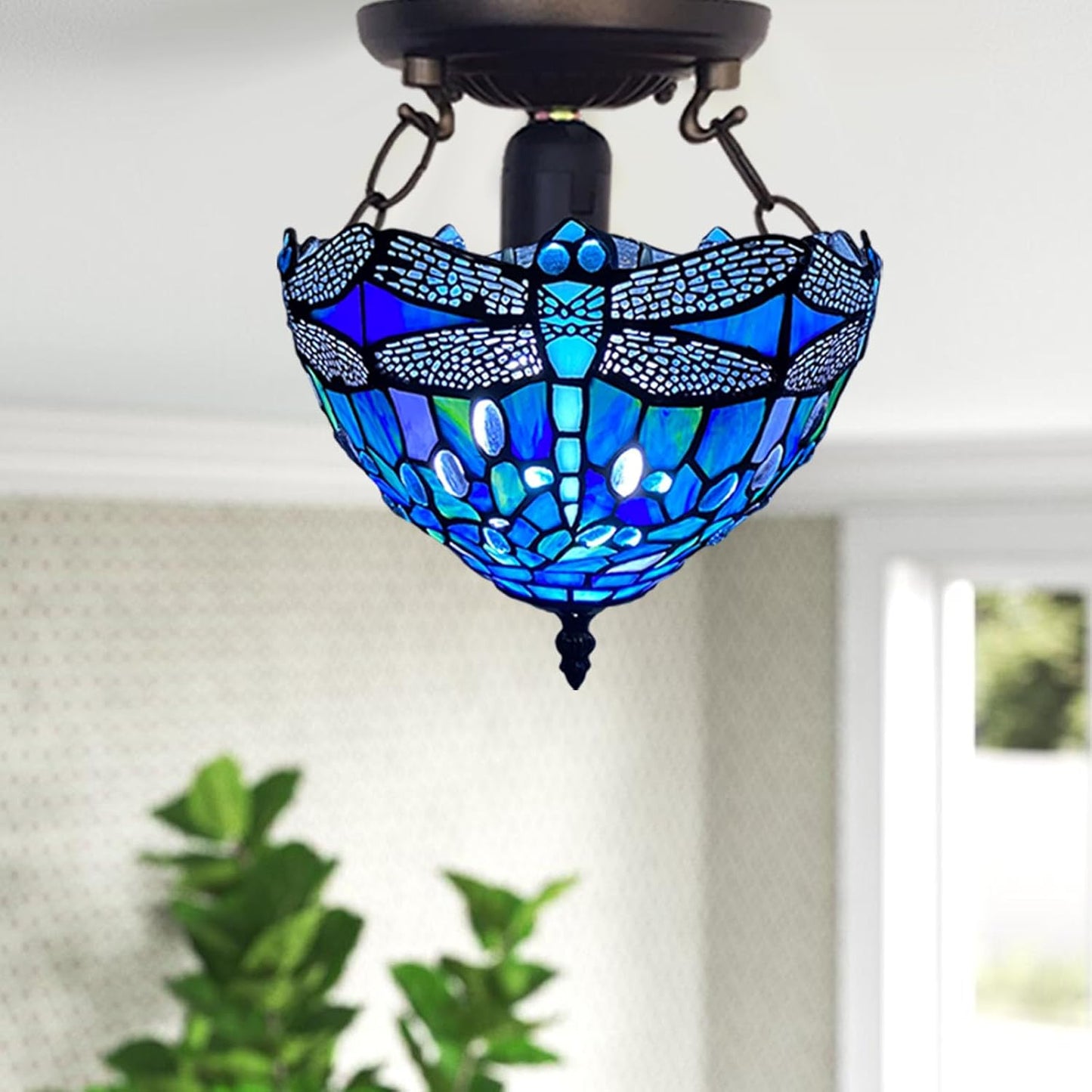 Tiffany Style Ceiling Lamps Stained Glass Handcrafted Lamp Shades Antique Design Ceiling Light for Living Room Bedroom Lounge Hallway (C-1007)