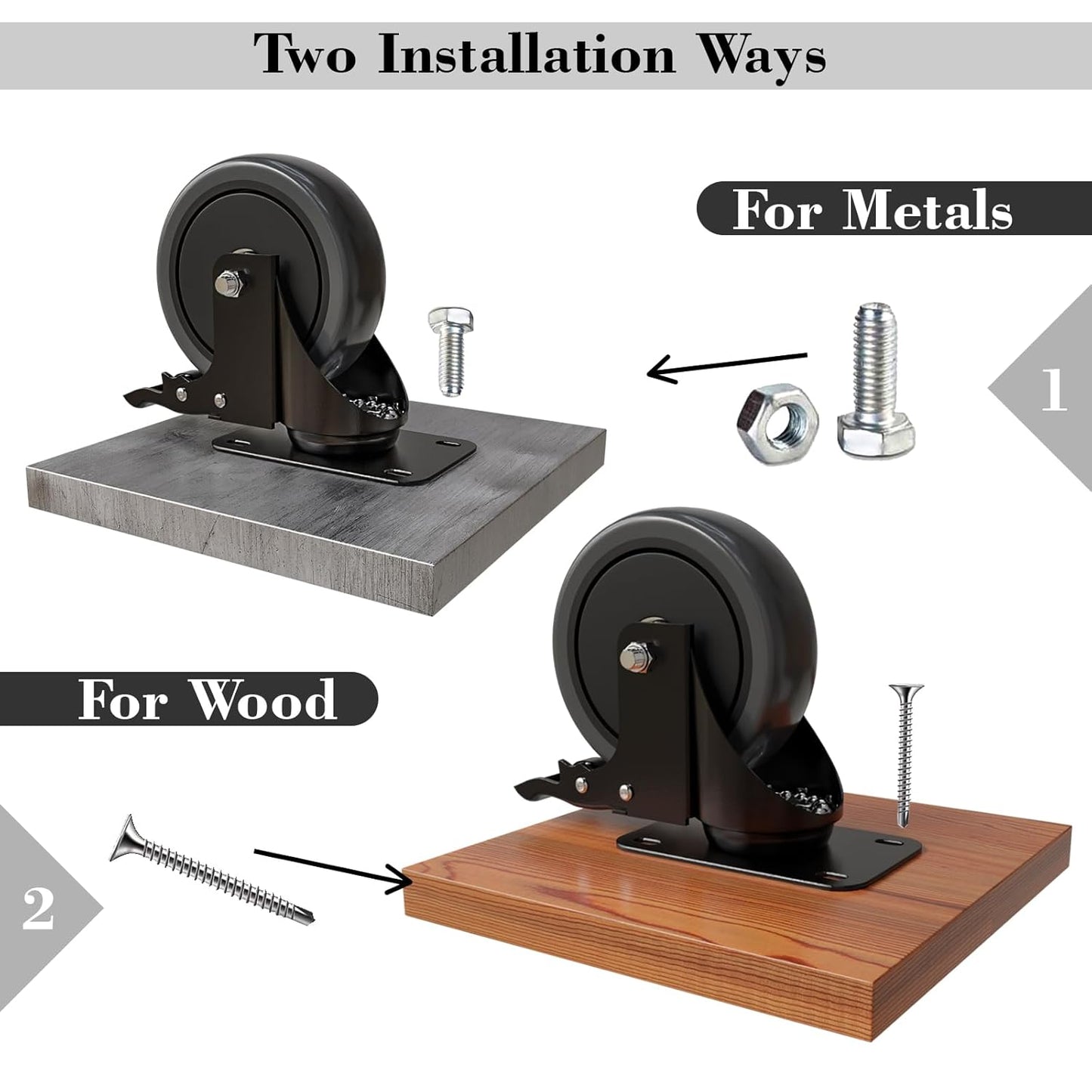 4x Heavy Duty Castor Wheels, Swivel Furniture Caster - 100mm up to 600KG - Pack of 4 (2 with Brakes) No Floor Marks Silent Caster for Furniture - Rubbered Trolley Wheels - Grey Castors