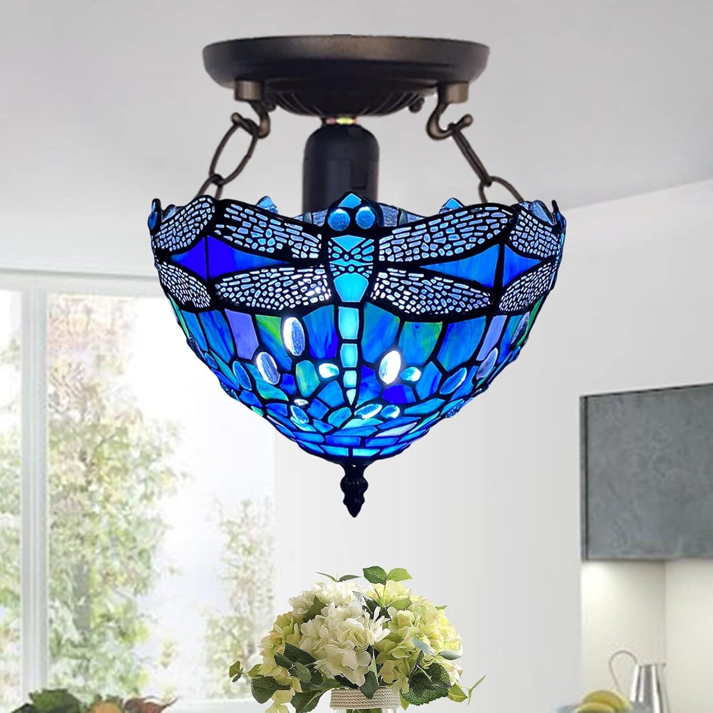 Tiffany Style Ceiling Lamps Stained Glass Handcrafted Lamp Shades Antique Design Ceiling Light for Living Room Bedroom Lounge Hallway (C-1007)