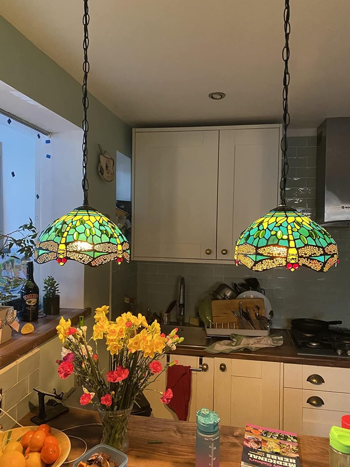 10 inch Tiffany Lamp Shades Antique Style Handcrafted Stained Glass Shades | 3-in-1 Multi-Purpose Shade for Table Lamps, Ceiling Lamps, Pendant Lamps | Green (1015)