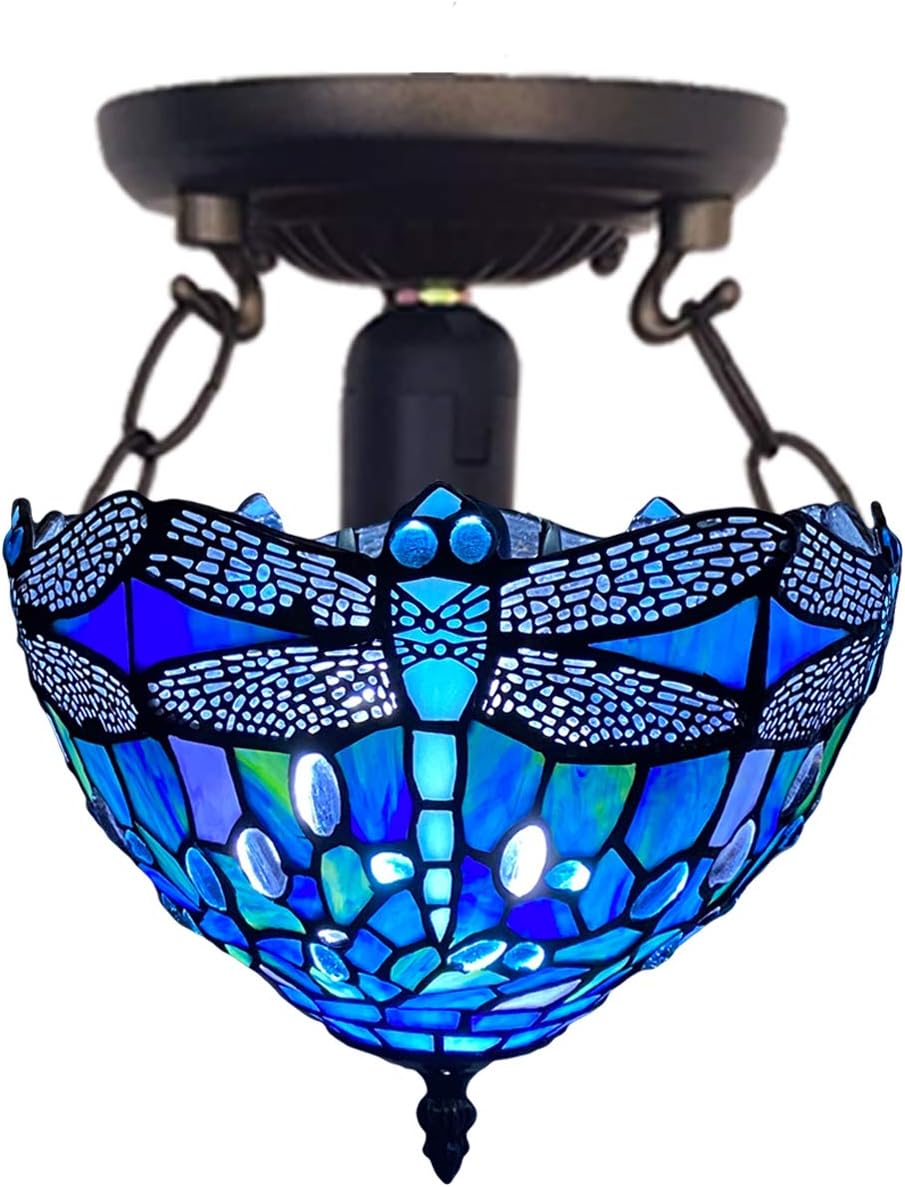 Tiffany Style Ceiling Lamps Stained Glass Handcrafted Lamp Shades Antique Design Ceiling Light for Living Room Bedroom Lounge Hallway (C-1007)