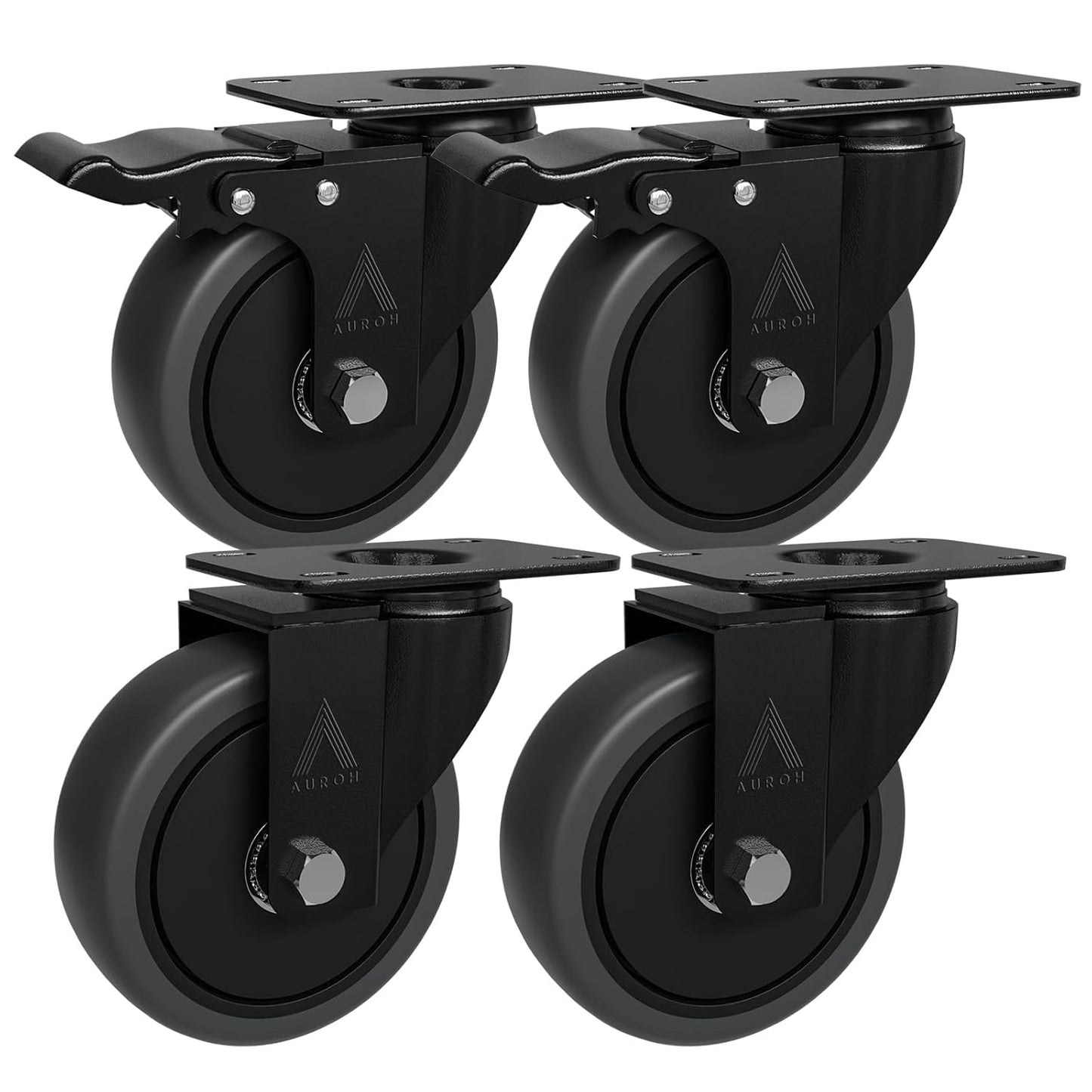 4x Heavy Duty Castor Wheels, Swivel Furniture Caster - 100mm up to 600KG - Pack of 4 (2 with Brakes) No Floor Marks Silent Caster for Furniture - Rubbered Trolley Wheels - Grey Castors