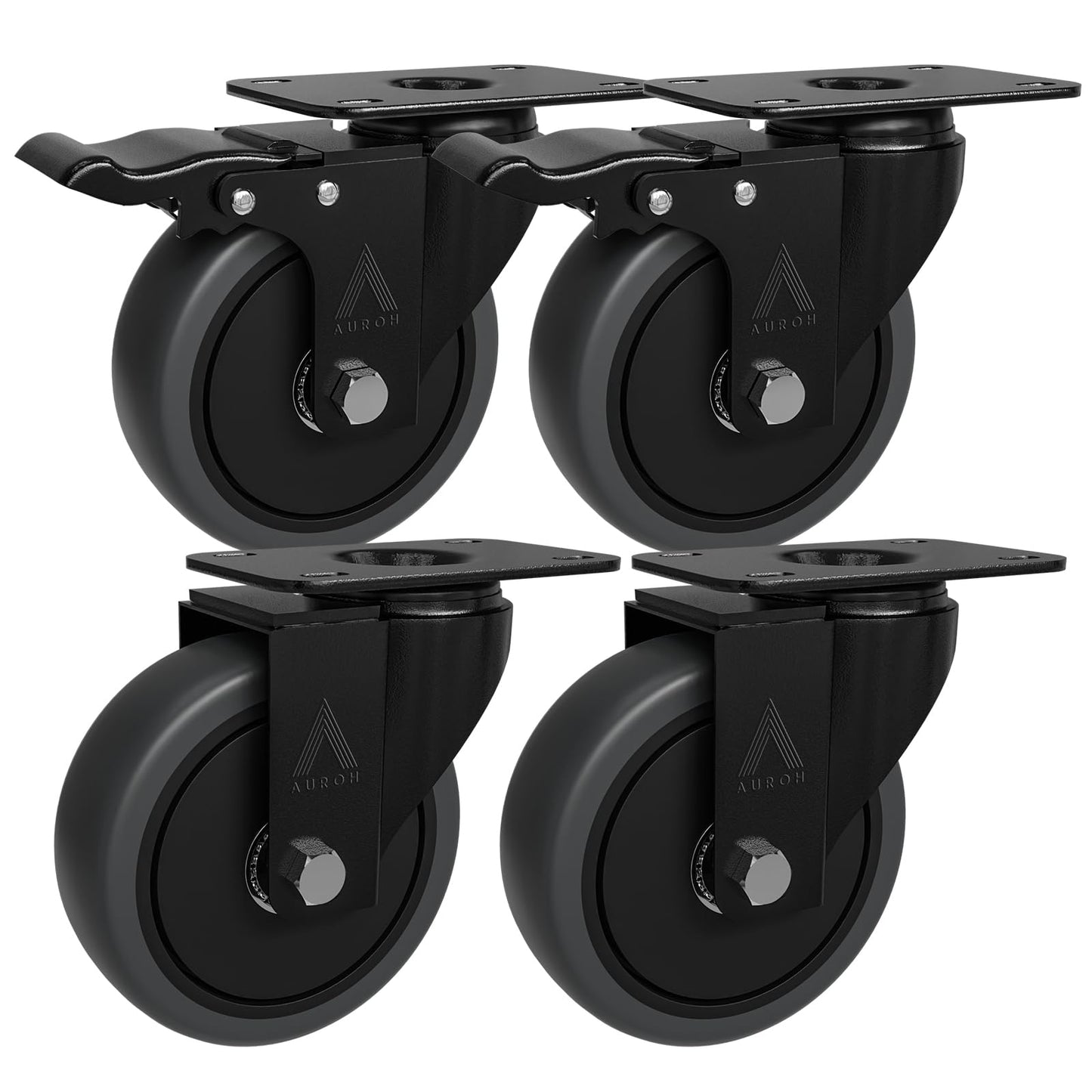 4x Heavy Duty Castor Wheels, Swivel Furniture Caster - 100mm up to 600KG - Pack of 4 (2 with Brakes) No Floor Marks Silent Caster for Furniture - Rubbered Trolley Wheels - Grey Castors