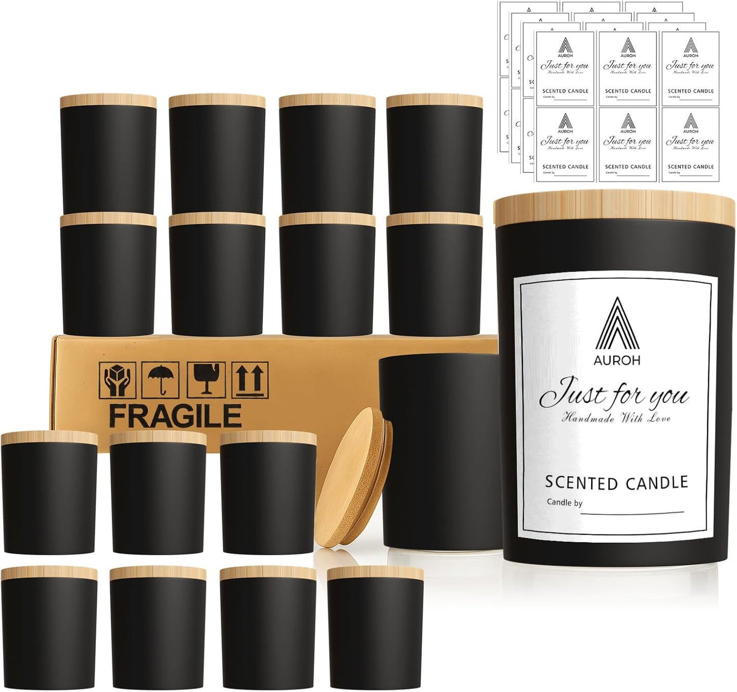 15 Pack Glass Candle Jars with Bamboo Lids - 7 OZ Black Candle Containers for Candle making - Ideal candle making supplies for professionals as well as hobbyists