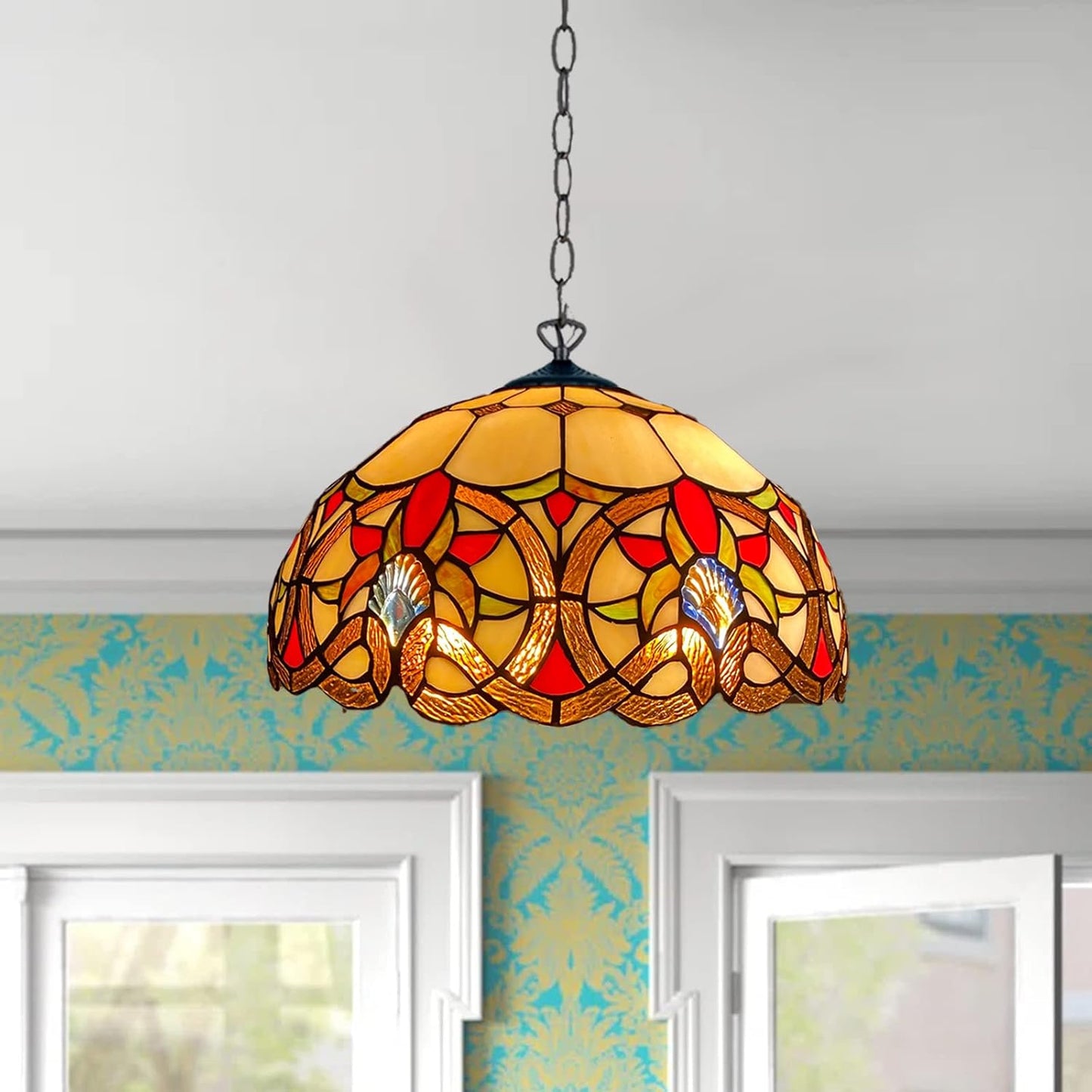 Tiffany Pendant Lamps Handcrafted Stained Glass 16 inch Lamp Shades Stunning Quality Antique Design Pendant Lamps for Living Room Bedroom Lounge Hallway (P-1650)