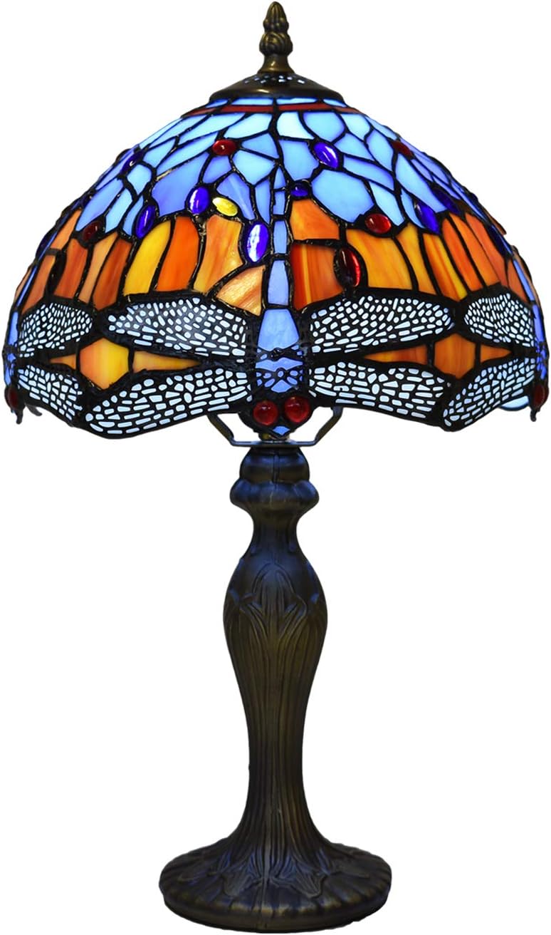 Tiffany Lamps Antique Dragonfly Design Handcrafted Stained Glass Lampshade Stunning Quality Base Table Lamps for Living Room Bedside Desk Bedroom Coffee Table (TFTL-1002)