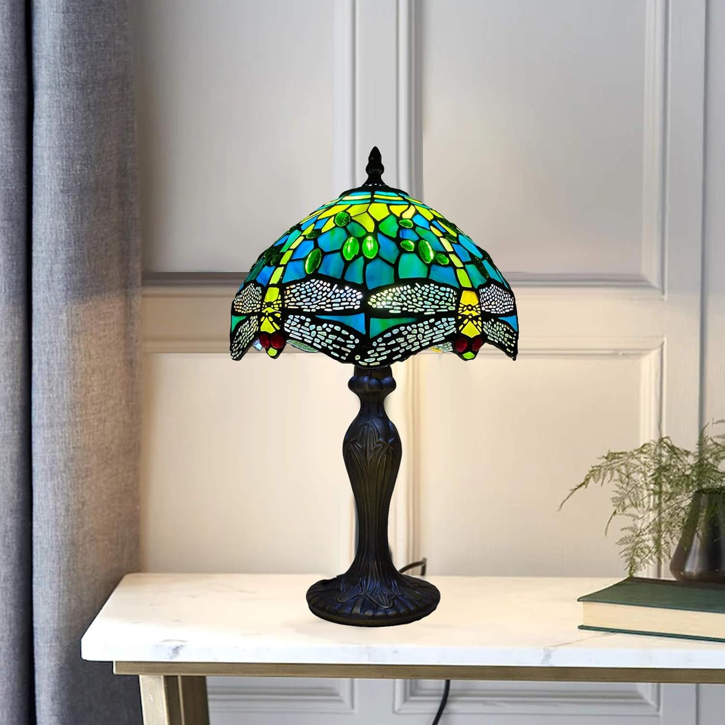 Tiffany Table Lamp Handcrafted Stained Glass Green Dragonfly Lampshade Stunning Quality Antique Design Table Lamps for Living Room Bedside Desk Bedroom Coffee Table (TFTL-1015)