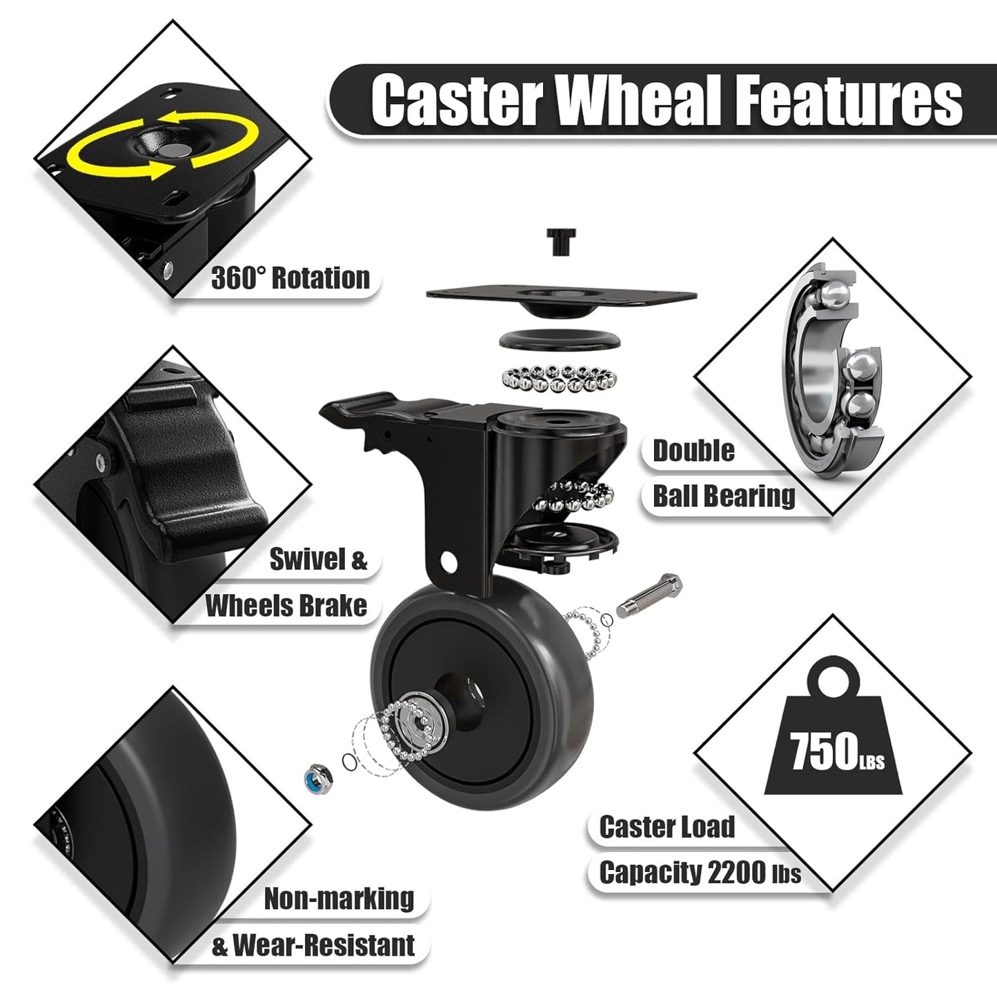 4x Heavy Duty Castor Wheels, Swivel Furniture Caster - 100mm up to 600KG - Pack of 4 (2 with Brakes) No Floor Marks Silent Caster for Furniture - Rubbered Trolley Wheels - Grey Castors