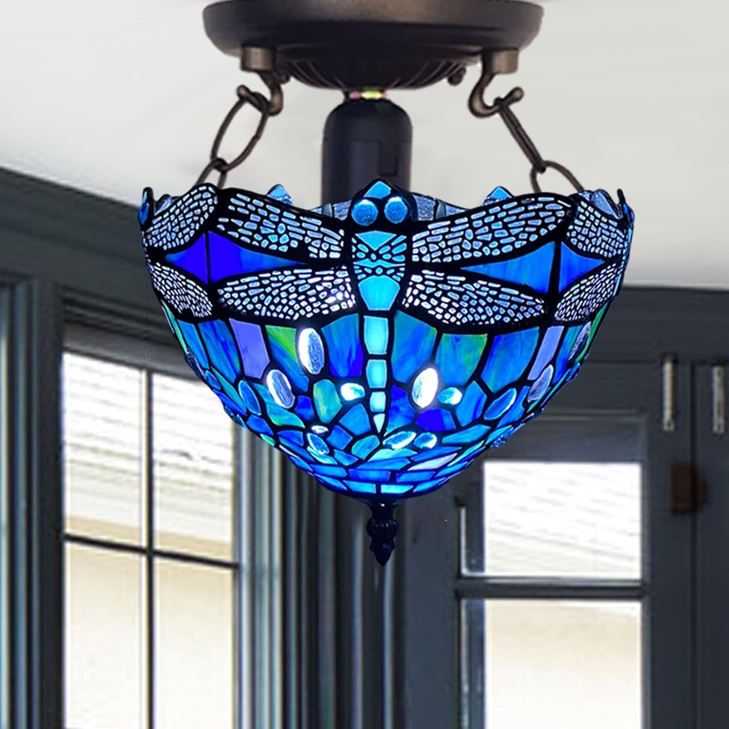 Tiffany Style Ceiling Lamps Stained Glass Handcrafted Lamp Shades Antique Design Ceiling Light for Living Room Bedroom Lounge Hallway (C-1007)