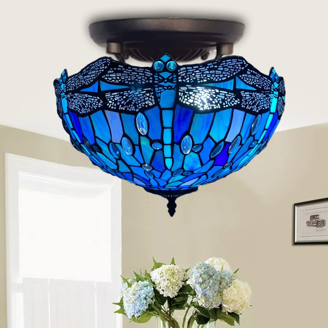 Tiffany Ceiling Lamps 16 inch Stained Glass Handcrafted Lamp Shades Antique Design Stunning Quality Ceiling Lamp for Living Room Bedroom Lounge (C-1607)