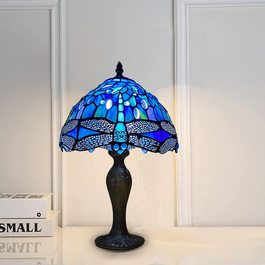 Auroh Tiffany table lamp 10 inch TFTL-1007 deep sapphire blue dragonfly stained glass bedside lamp