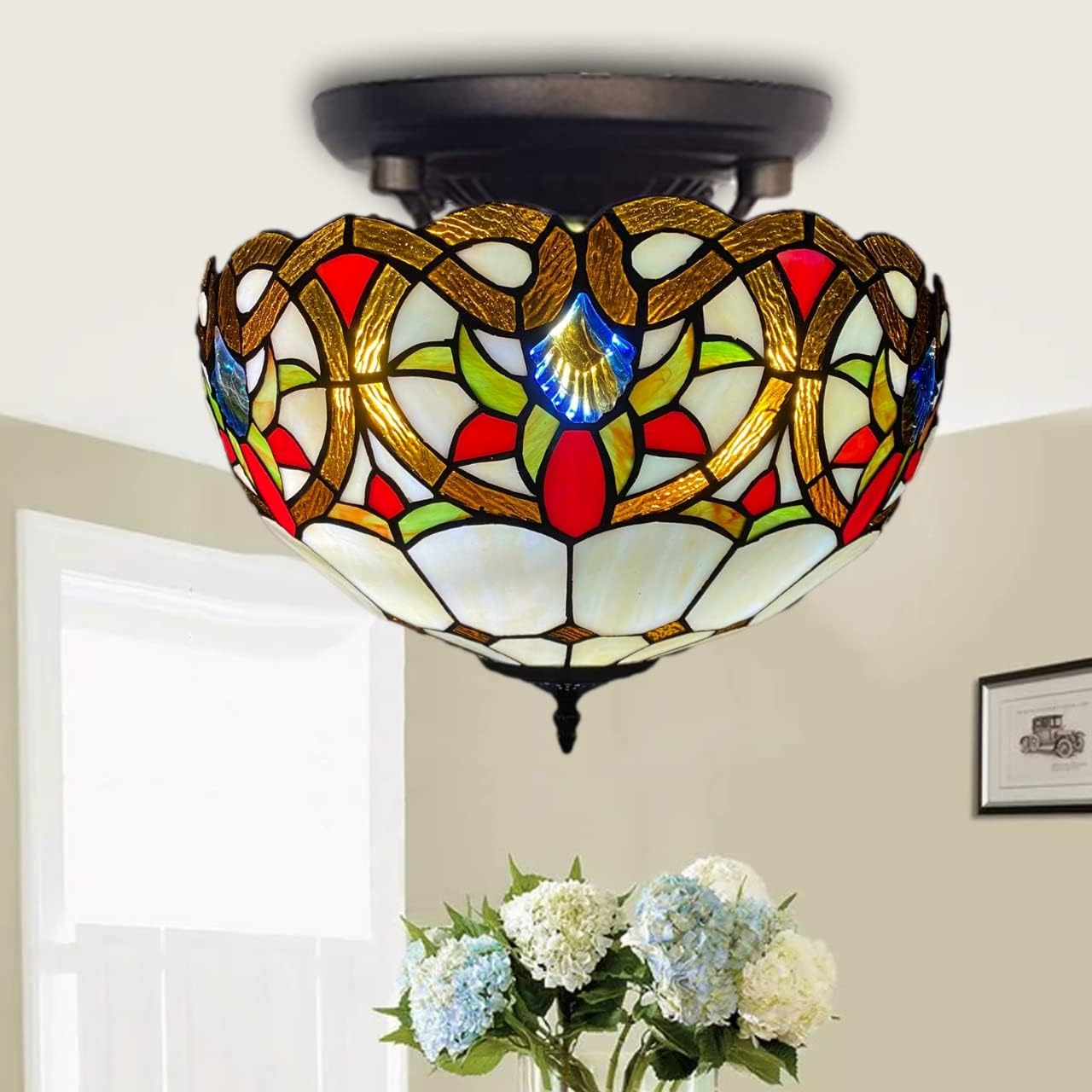 Auroh Tiffany Ceiling Lamps 16 inch Stained Glass Handcrafted Lamp Shades Antique Design Stunning Quality Ceiling Lamp for Living Room Bedroom Lounge (C-1650)