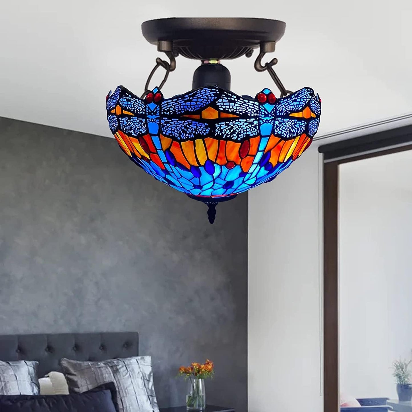 Tiffany Ceiling Lamps 16 inch Stained Glass Handcrafted Lamp Shades Antique Design Stunning Quality Ceiling Lamp for Living Room Bedroom Lounge (C-1602)