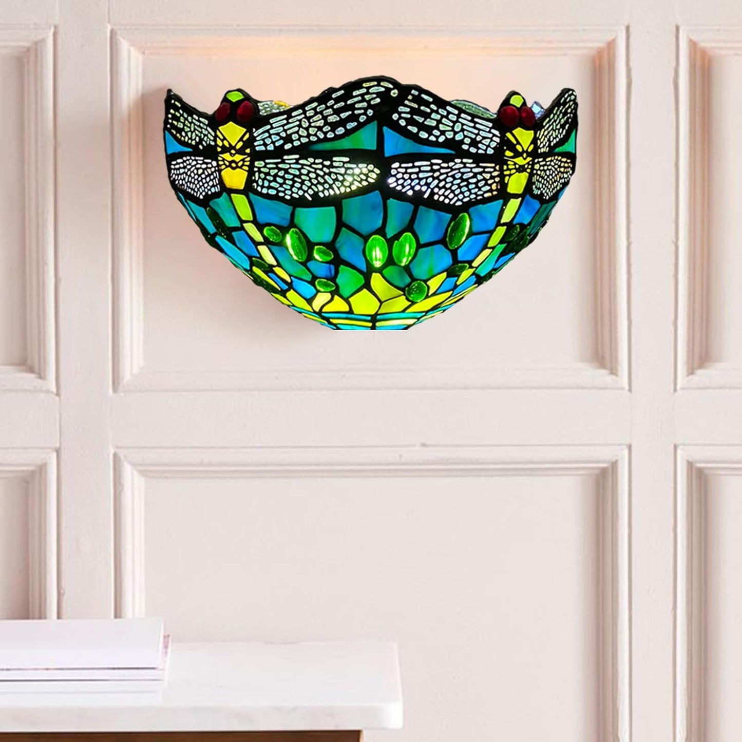12 Inch Tiffany Style Wall Sconce Light, Green Dragonfly Design Stained Glass Wall Lamp Sconce for Room, Lounge, Corridor, Hallway (TWL-1015)