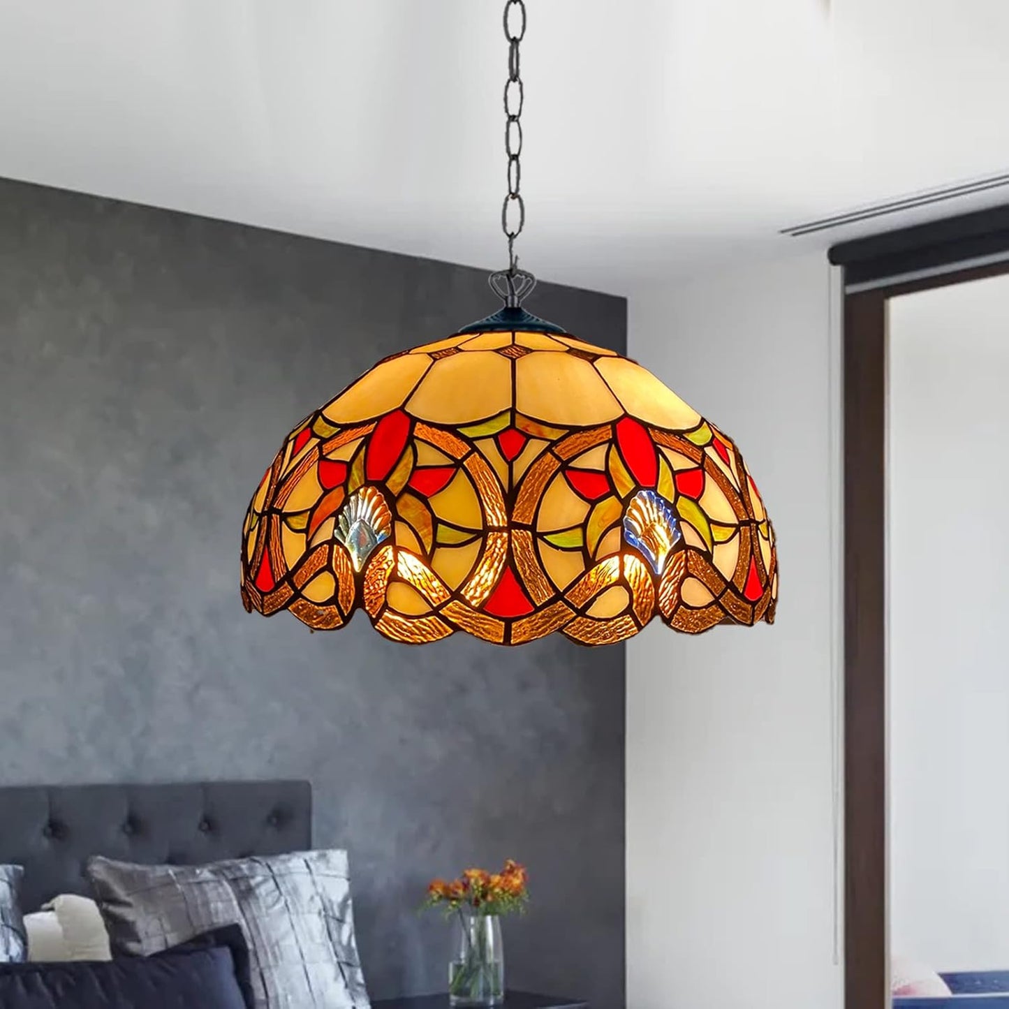 Tiffany Pendant Lamps Handcrafted Stained Glass 16 inch Lamp Shades Stunning Quality Antique Design Pendant Lamps for Living Room Bedroom Lounge Hallway (P-1650)