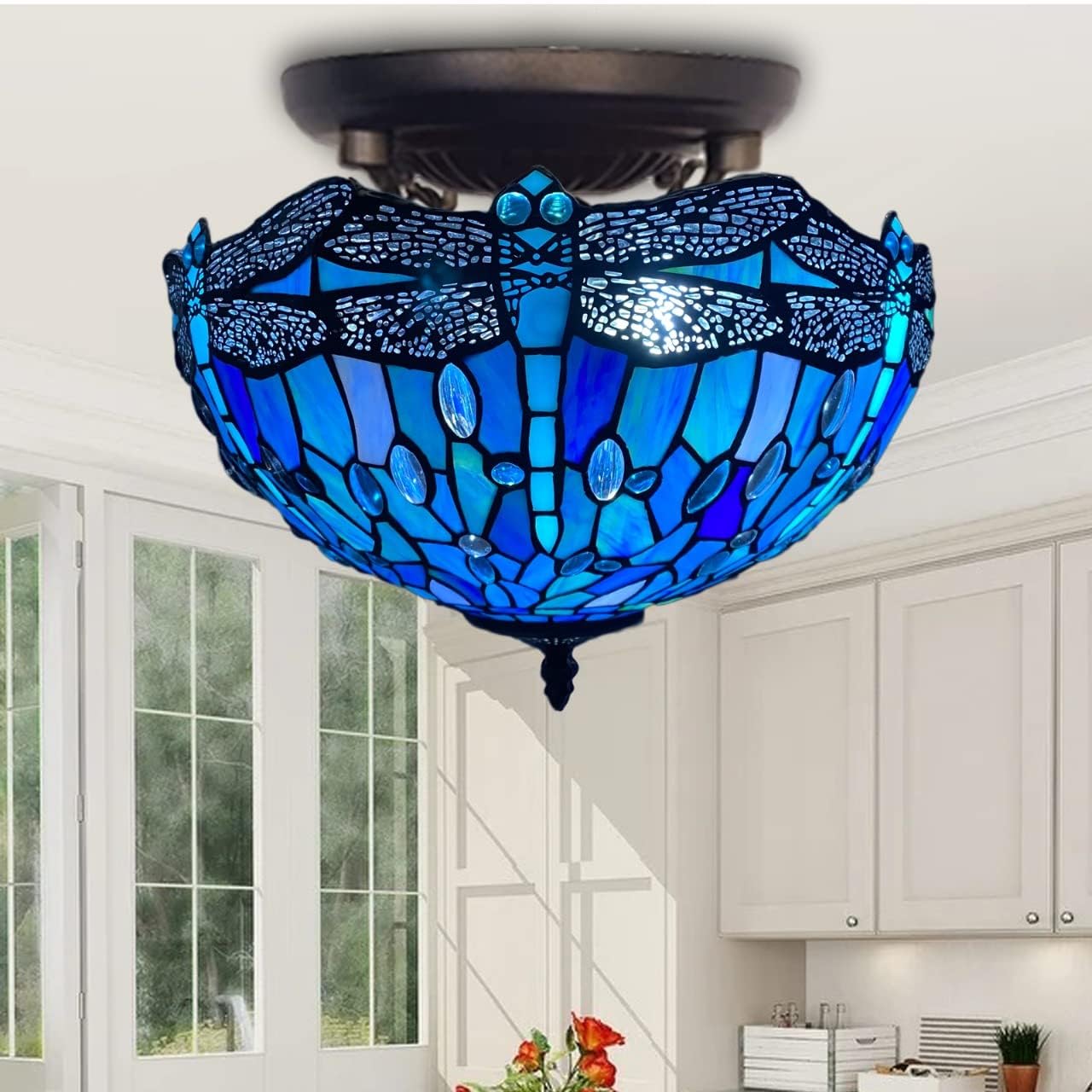 Tiffany Ceiling Lamps 16 inch Stained Glass Handcrafted Lamp Shades Antique Design Stunning Quality Ceiling Lamp for Living Room Bedroom Lounge (C-1607)
