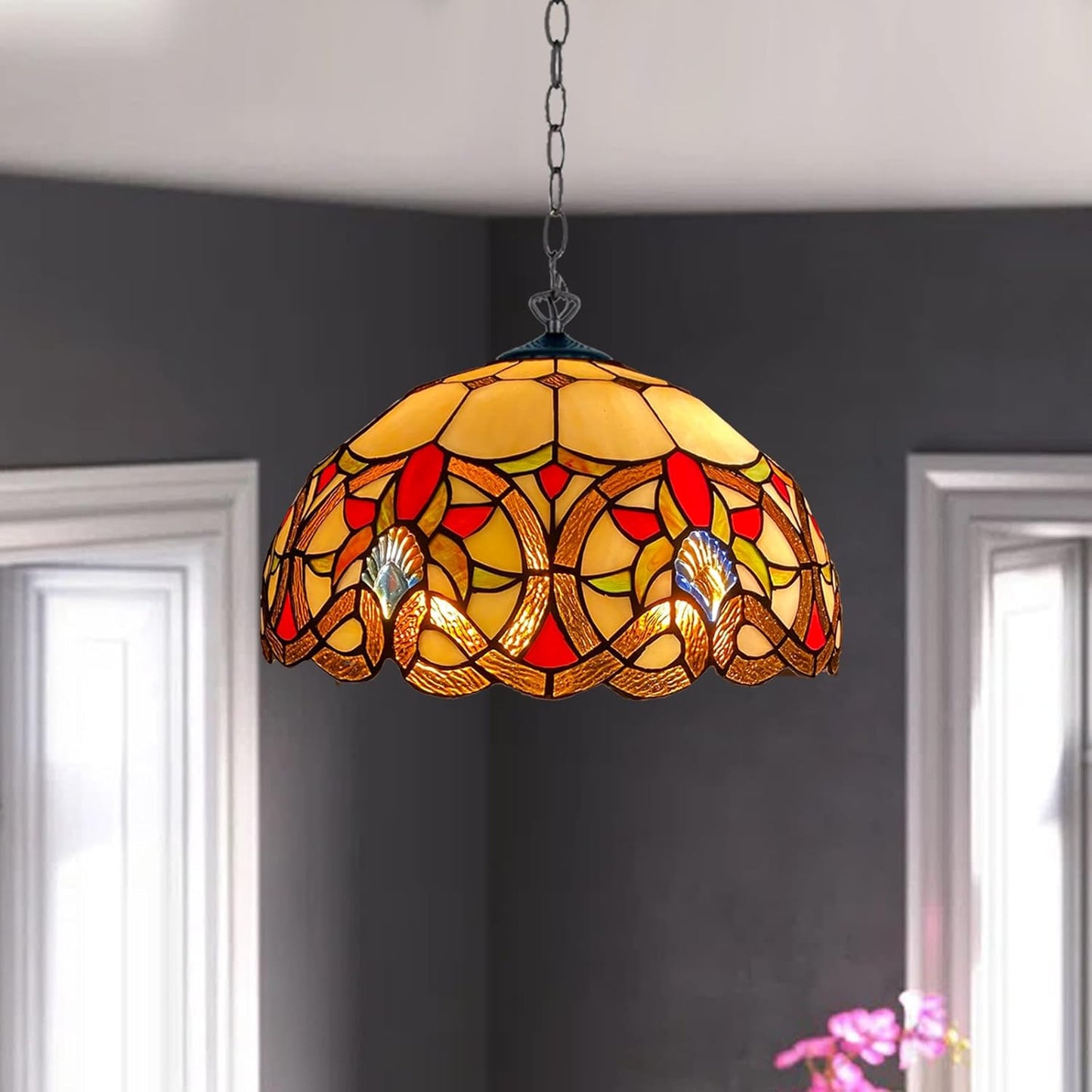 Tiffany Pendant Lamps Handcrafted Stained Glass 16 inch Lamp Shades Stunning Quality Antique Design Pendant Lamps for Living Room Bedroom Lounge Hallway (P-1650)
