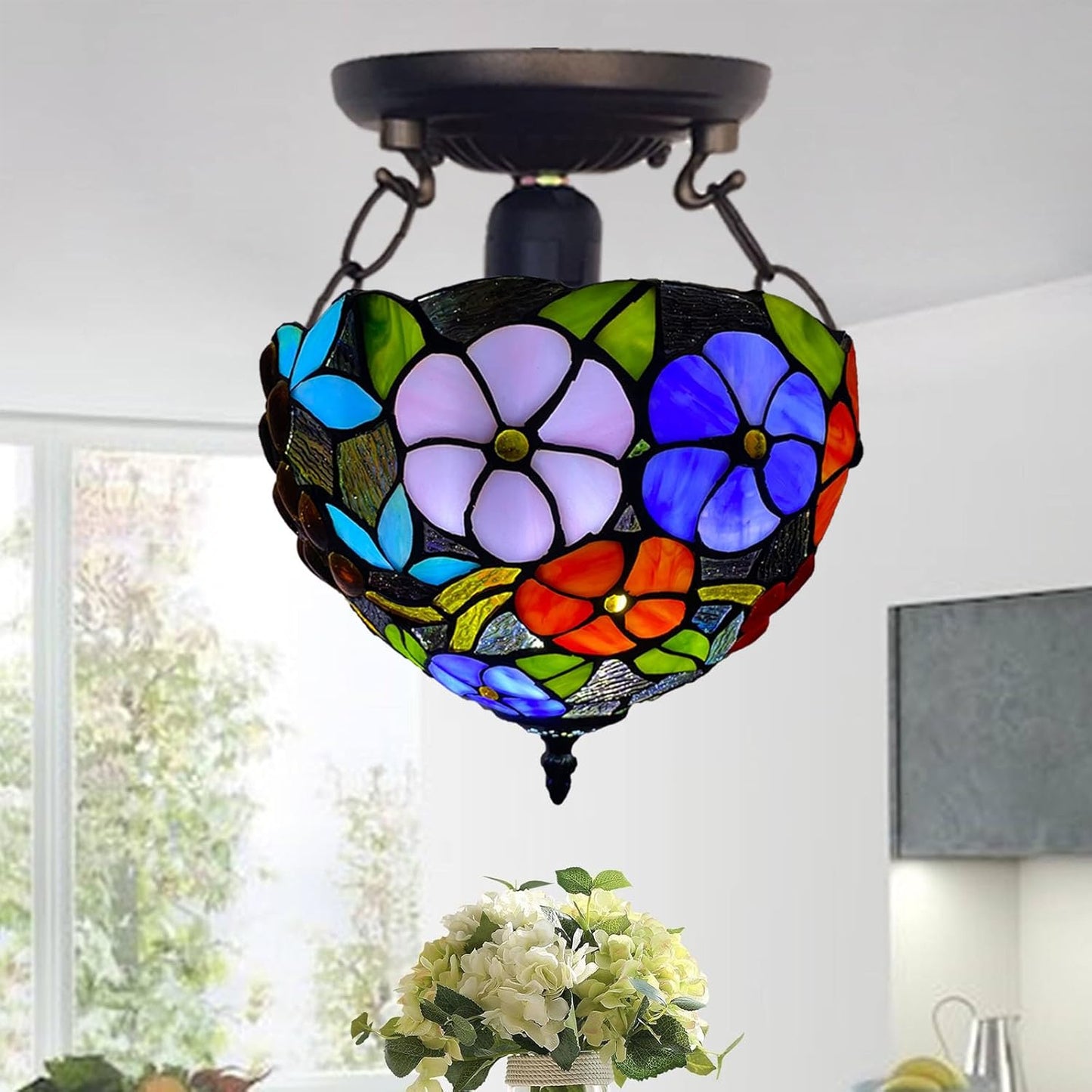 Tiffany Style Ceiling Lamps Stained Glass Handcrafted Lamp Shades Antique Design Ceiling Light for Living Room Bedroom Lounge Hallway (C-1009)