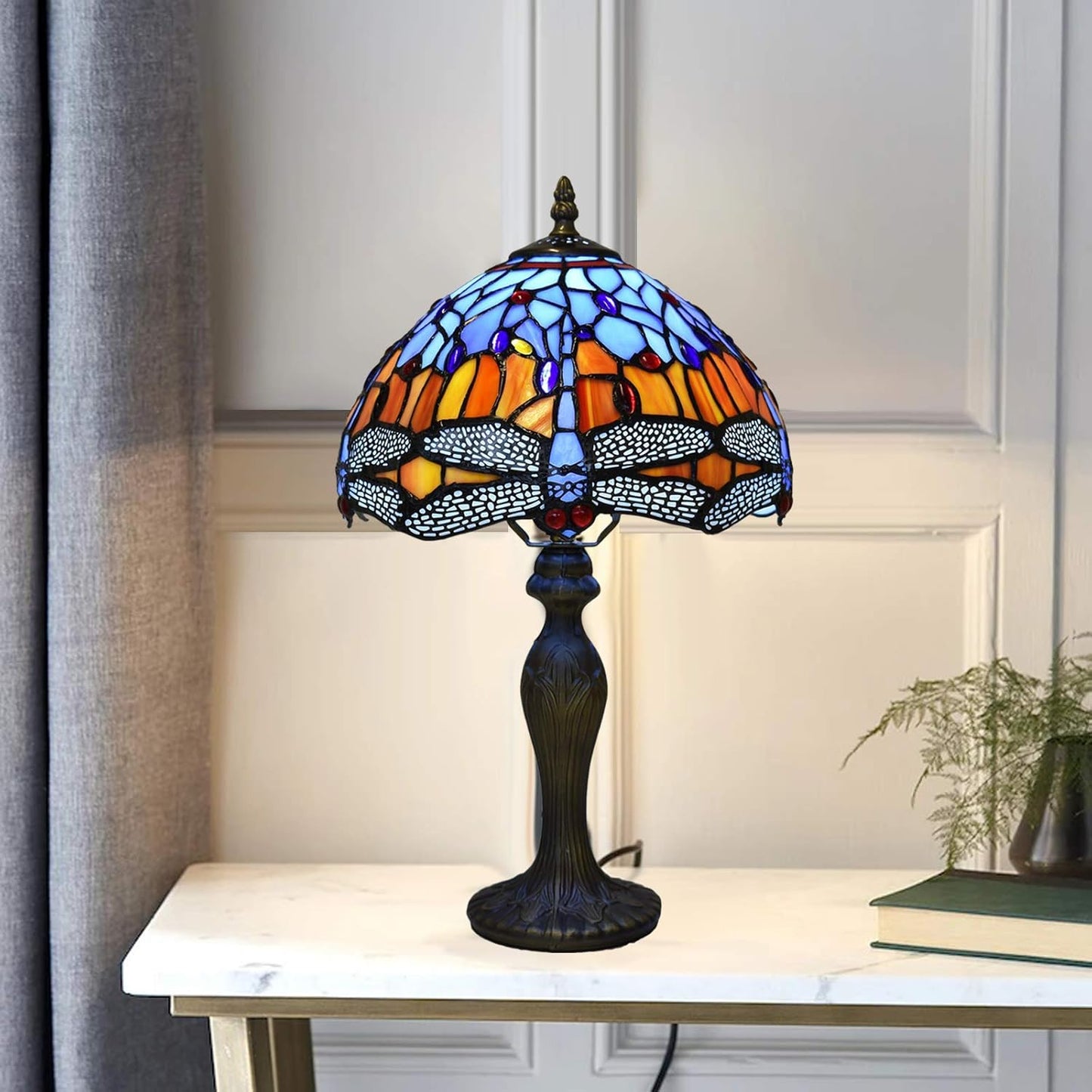 Tiffany Lamps Antique Dragonfly Design Handcrafted Stained Glass Lampshade Stunning Quality Base Table Lamps for Living Room Bedside Desk Bedroom Coffee Table (TFTL-1002)