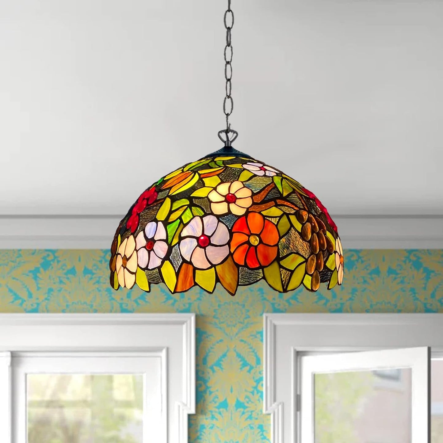 Tiffany Pendant Lamps Handcrafted Stained Glass 16 inch Lamp Shades Stunning Quality Antique Design Pendant Lamps for Living Room Bedroom Lounge Hallway (P-1609)