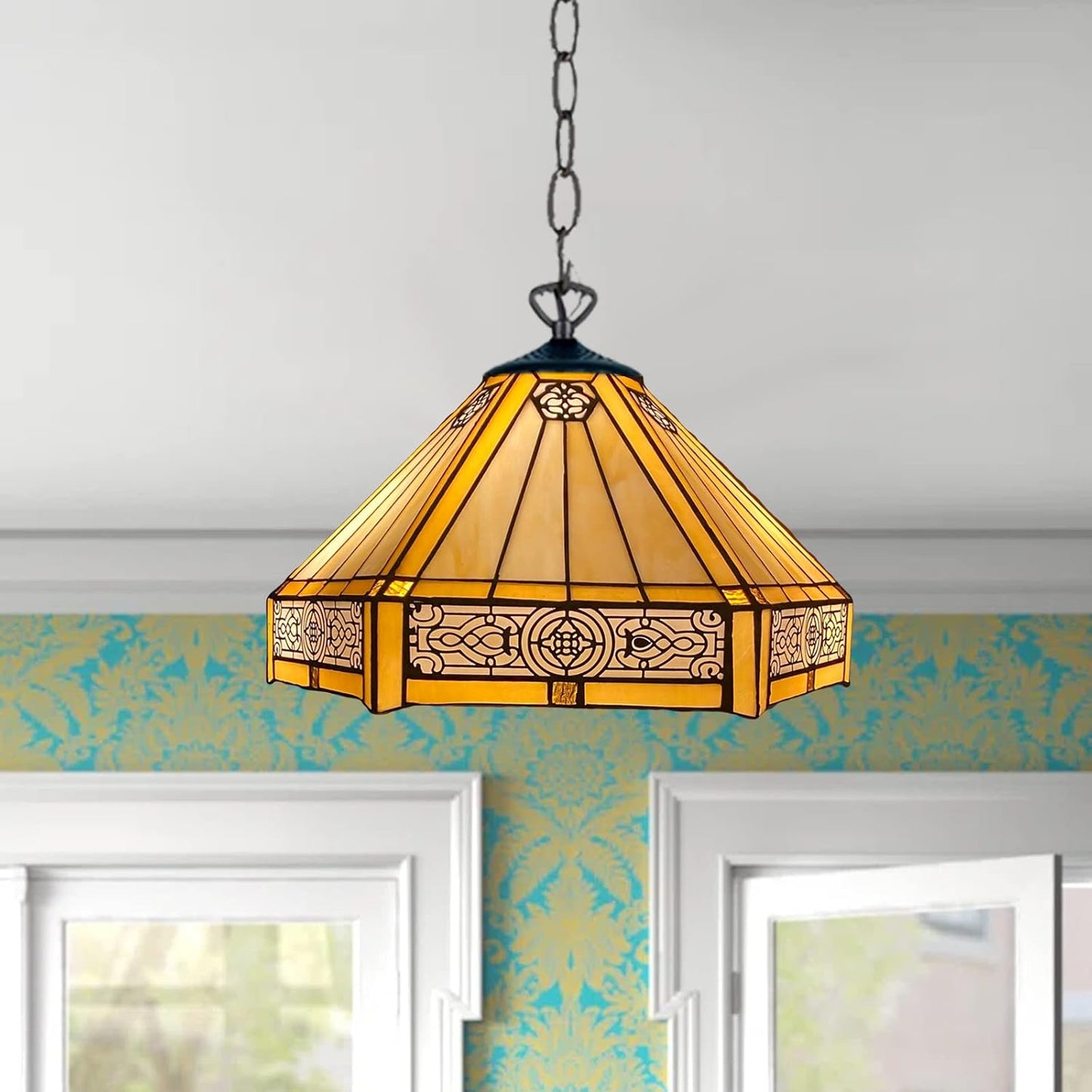 Tiffany Pendant Lamps Handcrafted Stained Glass 16 inch Lamp Shades Stunning Quality Antique Design Pendant Lamps for Living Room Bedroom Lounge Hallway (P-1605)