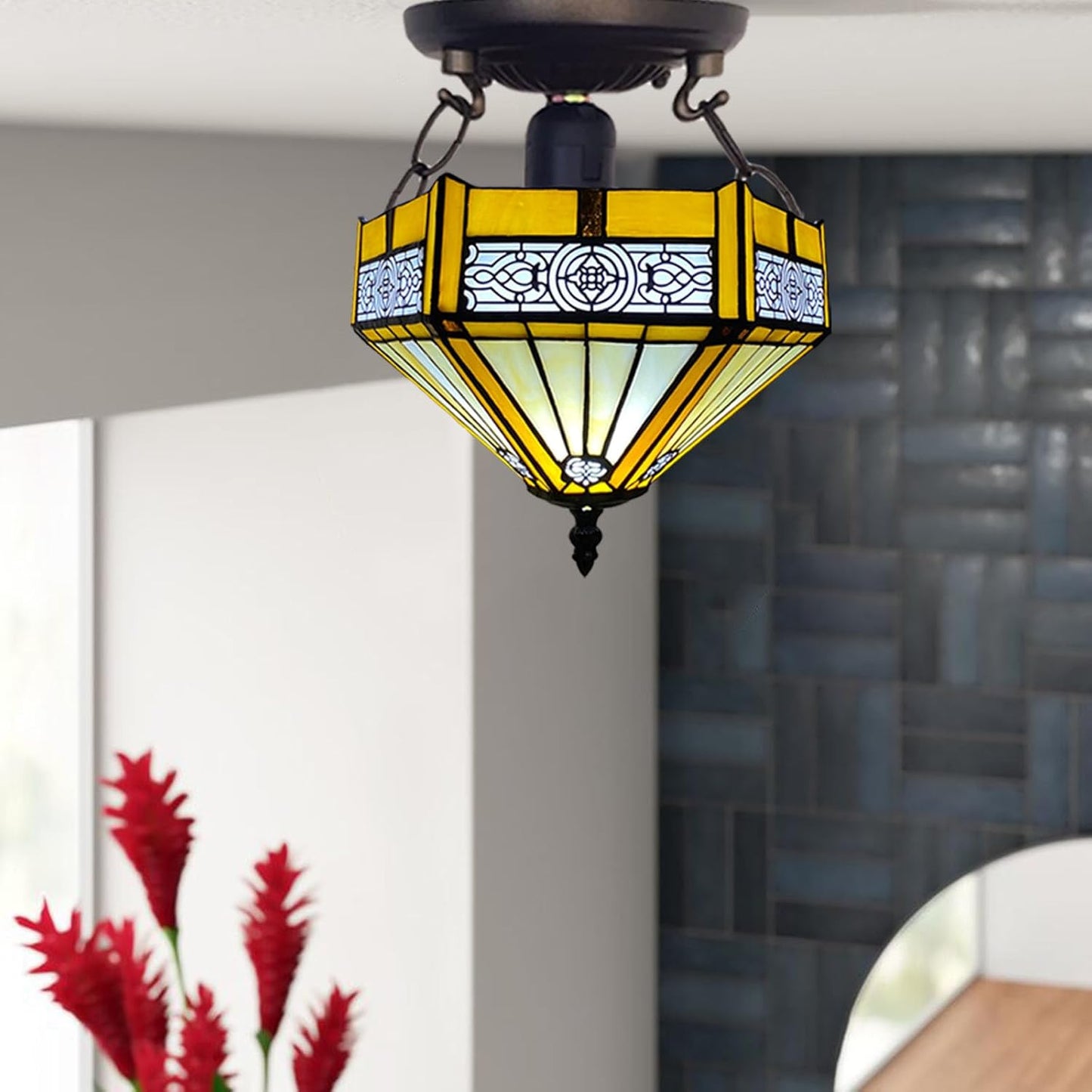 Tiffany Ceiling Lamps Handcrafted Stained Glass Lamp Shades Stunning Quality Antique Design Ceiling Light for Living Room Bedroom Lounge Hallway (C-1005)